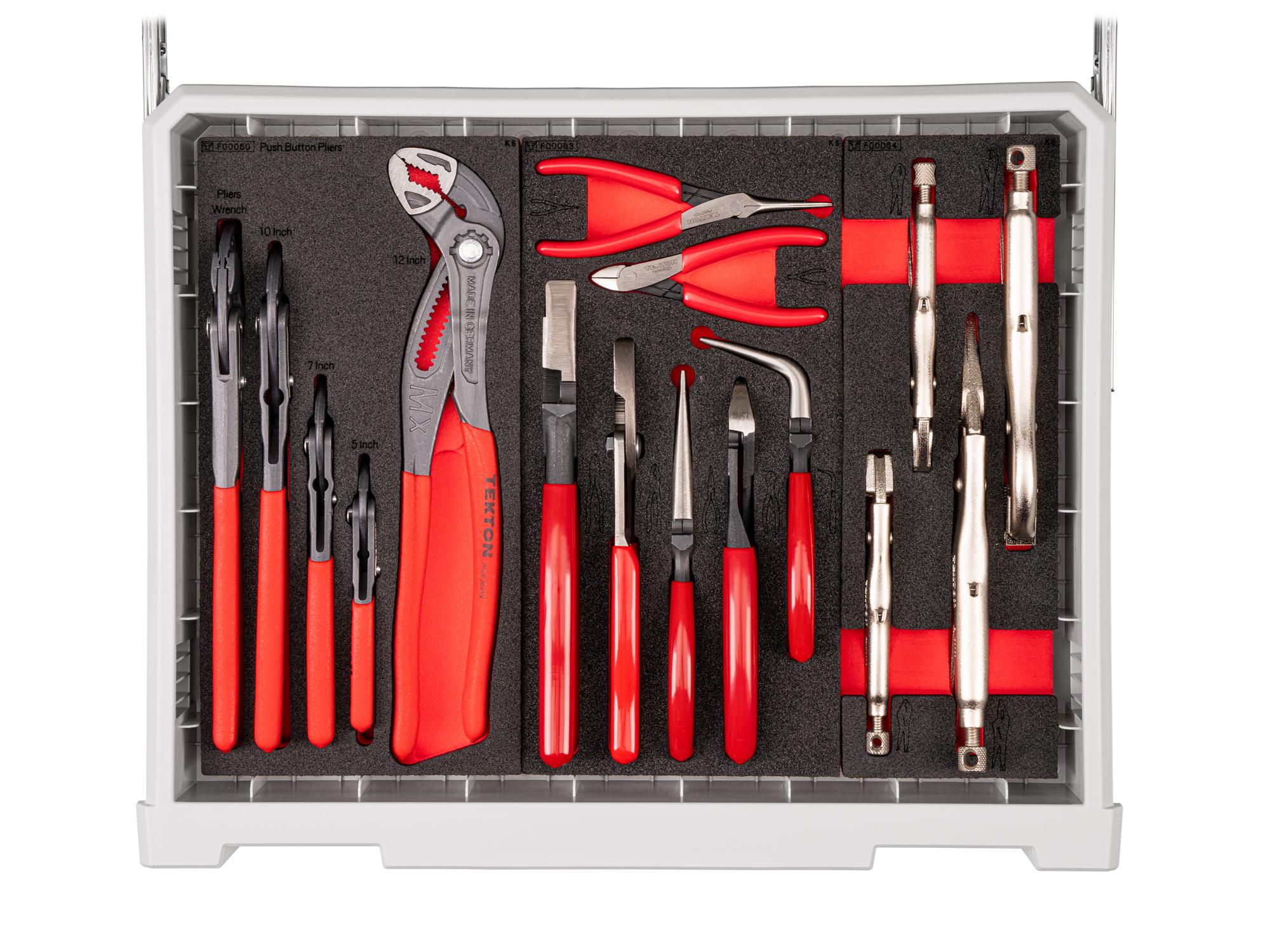 Top view of lunar white Tekton tool set with RIG 10-drawer tool cart. RIG99110