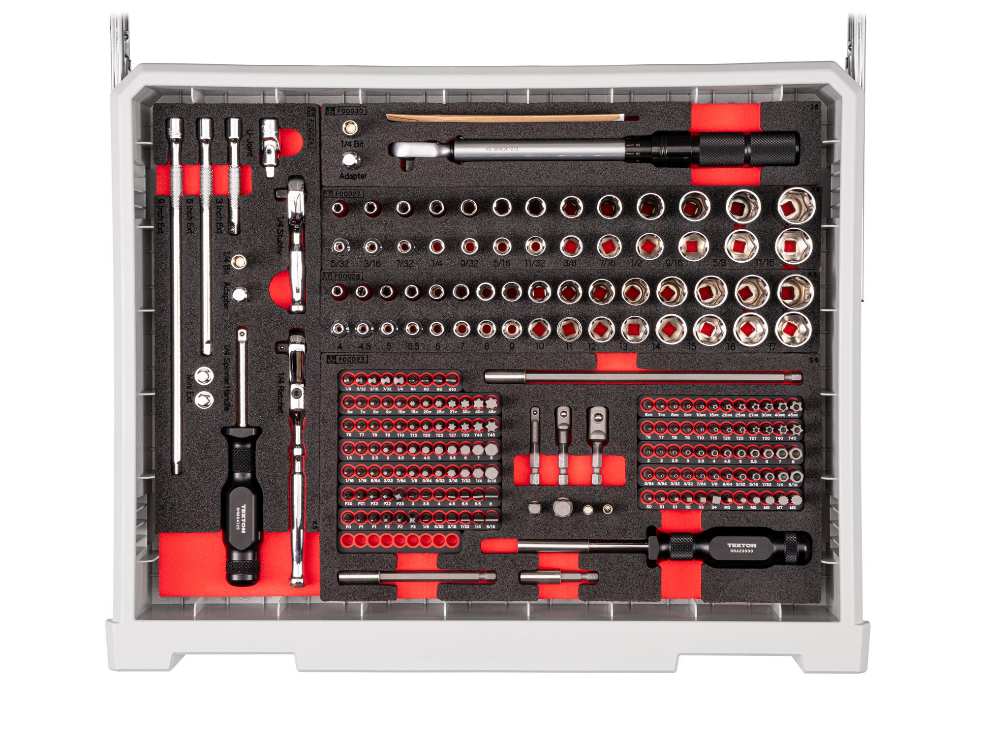 Contents of lunar white Tekton tool set with RIG 10-drawer tool cart. RIG99110