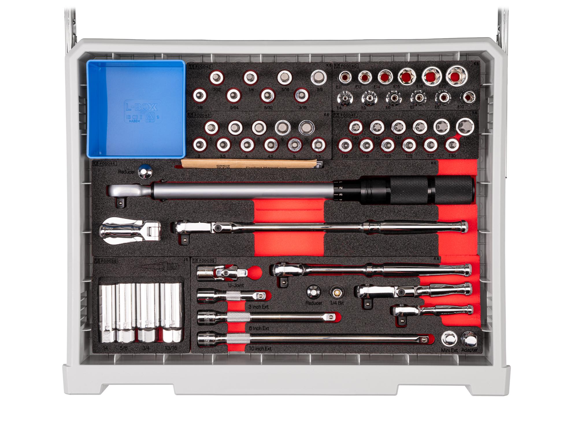 Contents of lunar-white Tekton tool set with RIG 10-drawer tool cart. RIG99110