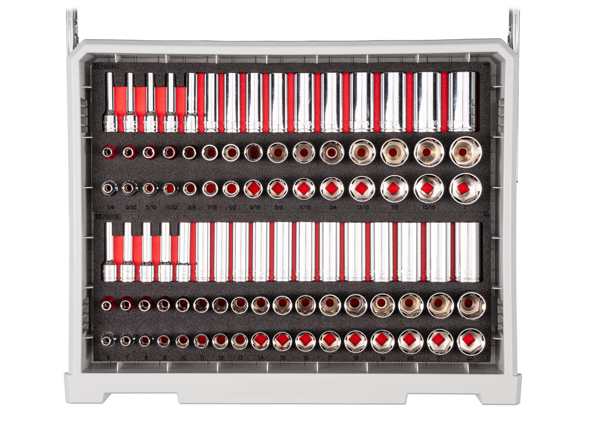 Contents of lunar-white Tekton tool set with sockets in drawer. RIG99110