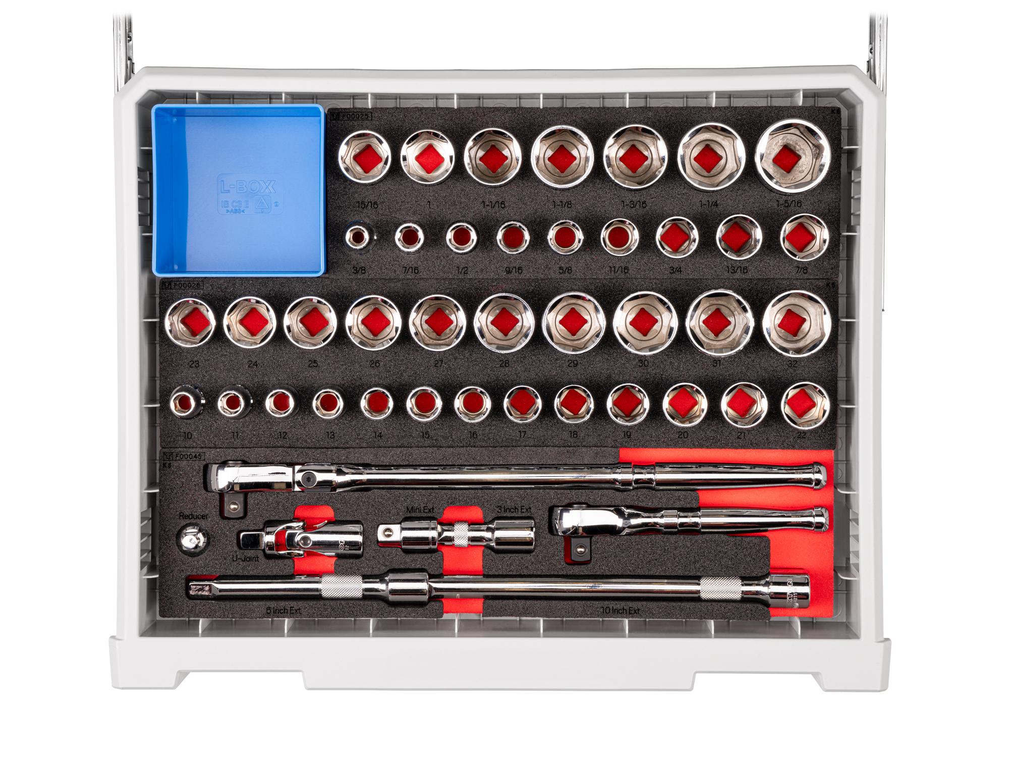 Contents of lunar-white Tekton tool set with RIG 10-drawer tool cart. RIG99110