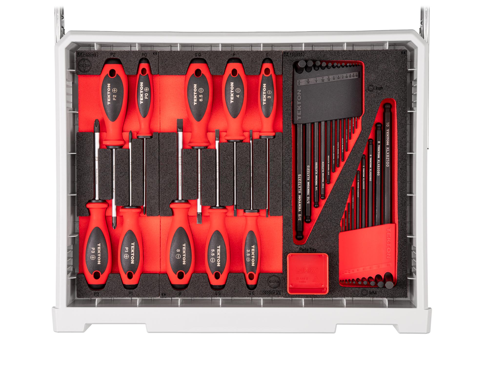 Contents of lunar-white Tekton tool set with RIG 10-drawer tool cart. RIG99110