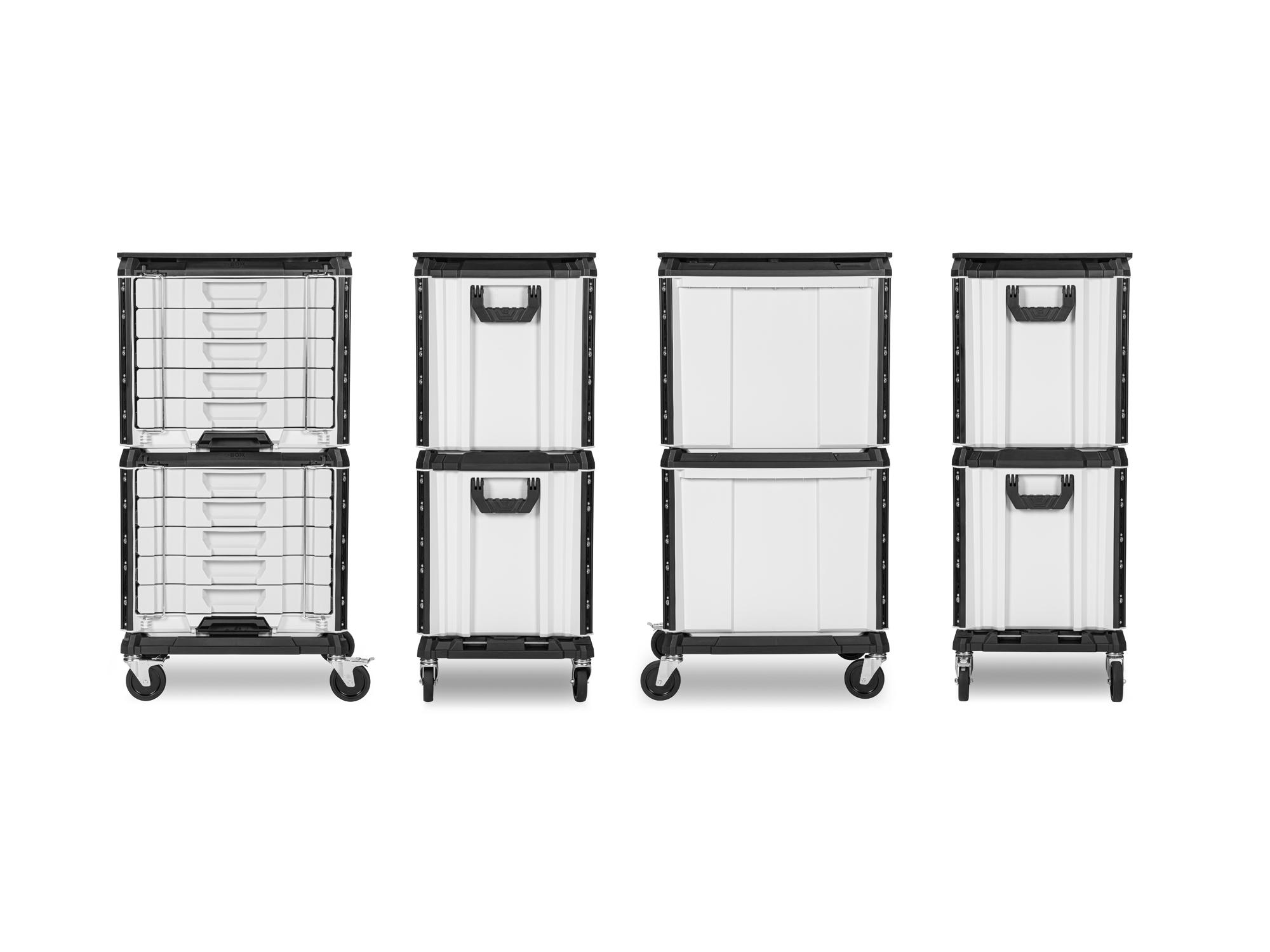 lunar-white Tekton tool cart shown from multiple side profiles. RIG99110