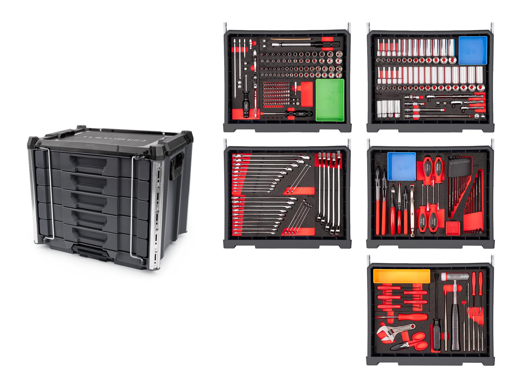 Angled view of slate gray Tekton tool set with RIG 5-drawer tool box. RIG99205