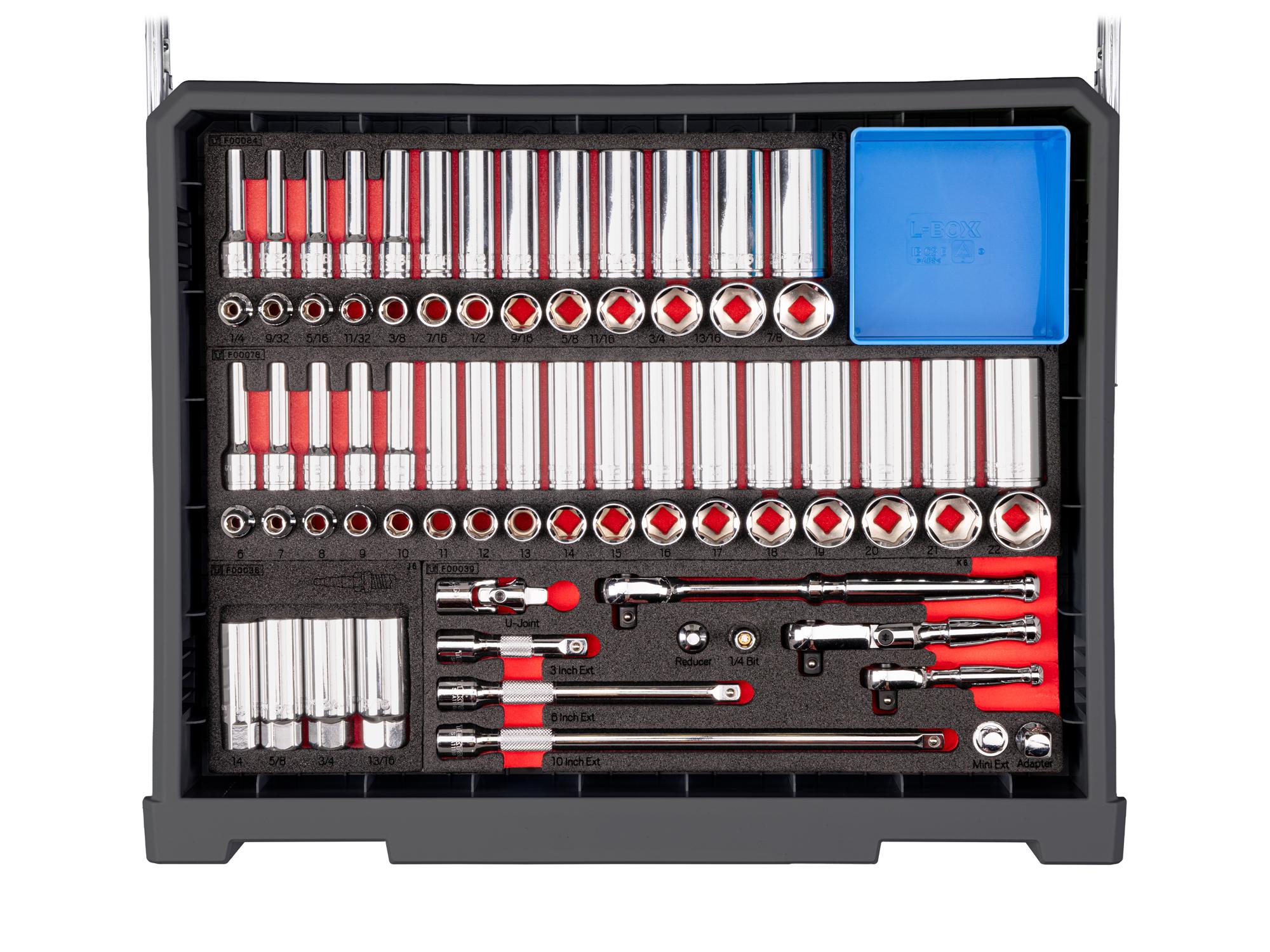 Contents of slate gray Tekton tool set with RIG 5-drawer tool box. RIG99205
