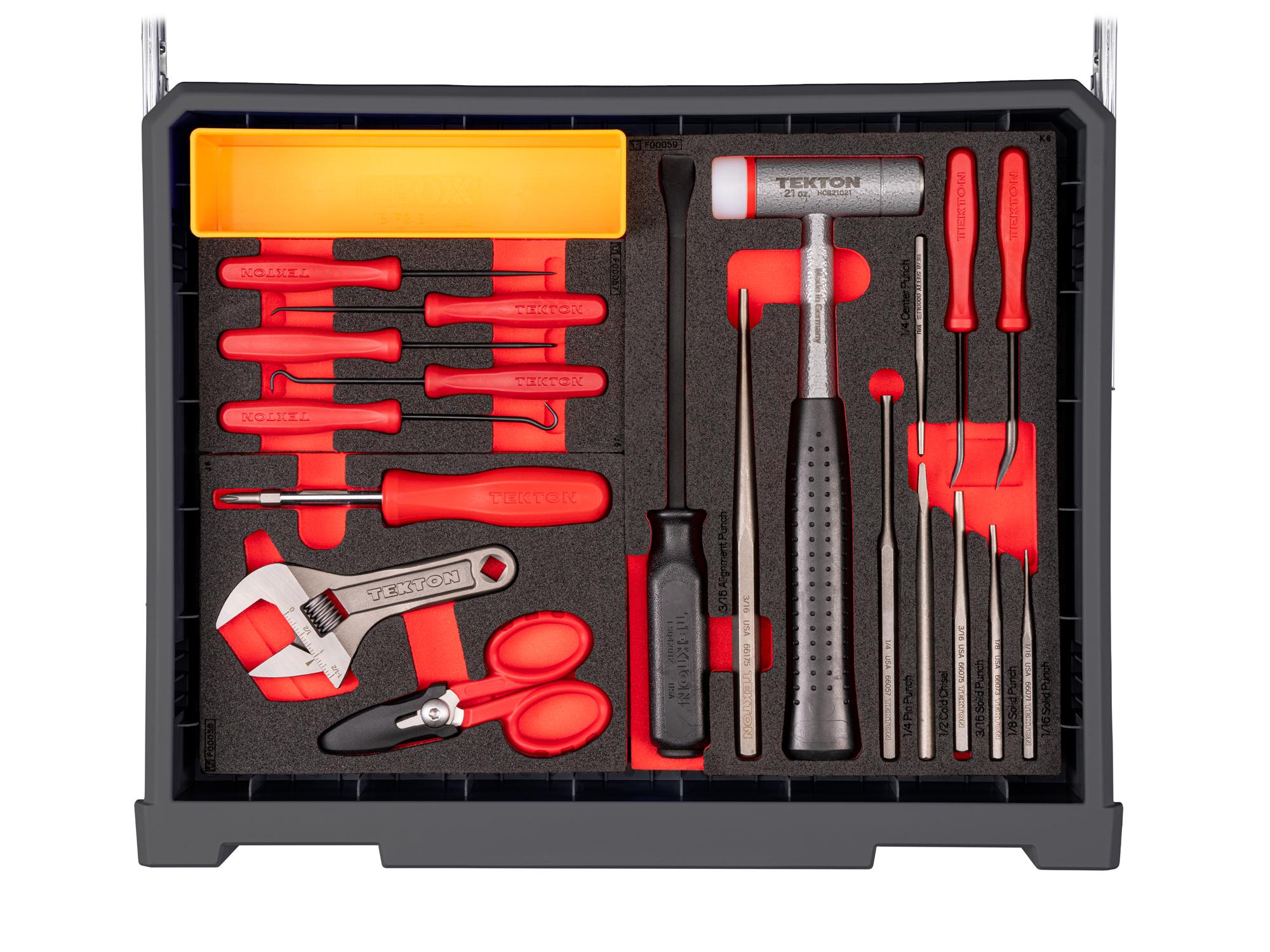 Contents of slate-gray Tekton tool set with RIG 5-drawer tool box. RIG99205