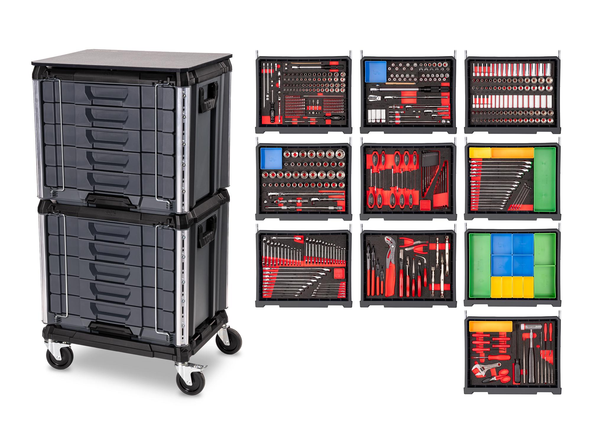 Angled view of slate gray Tekton tool set with RIG 10-drawer tool cart. RIG99210
