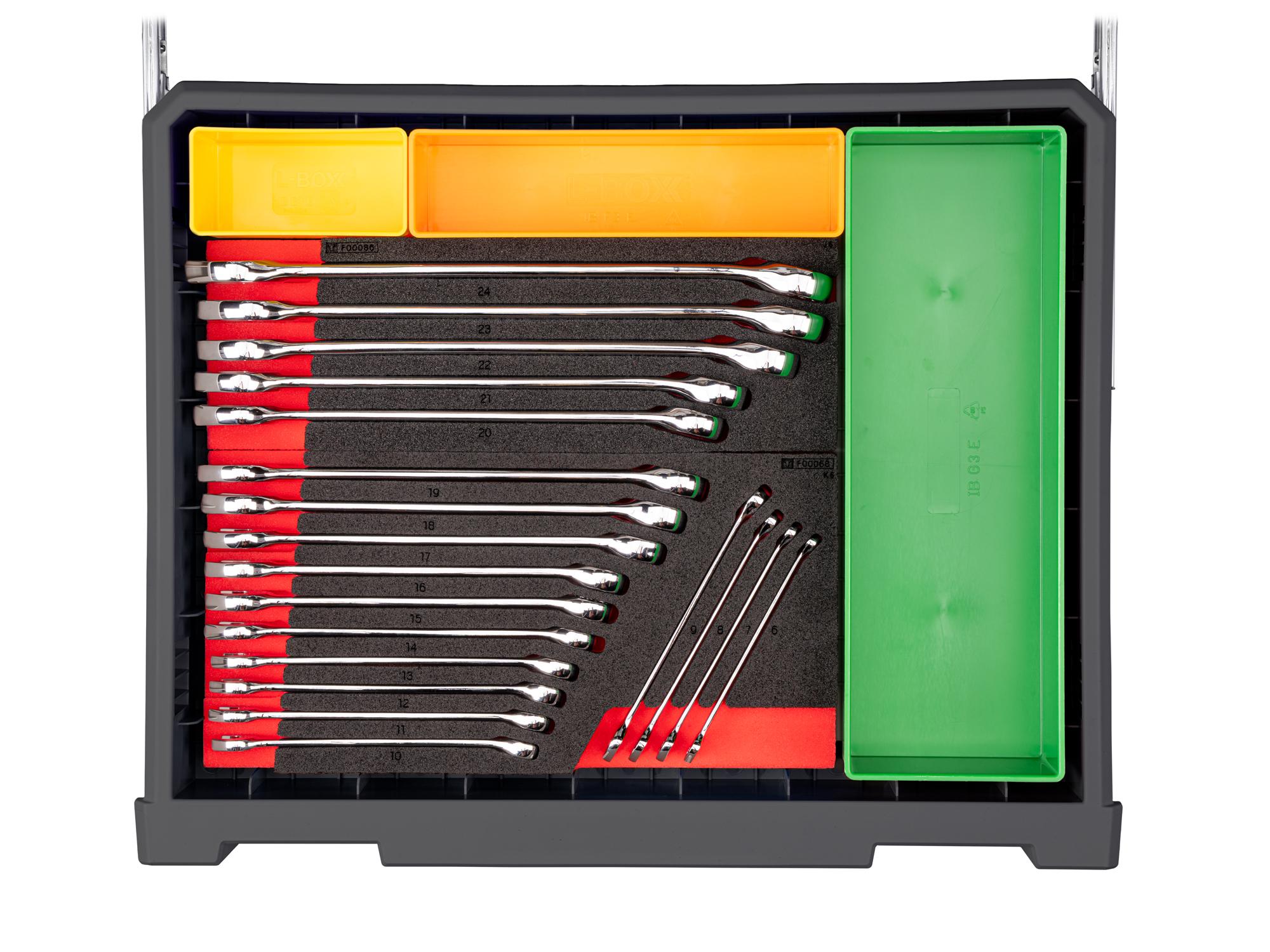 Closeup of slate gray Tekton tool set with RIG 10-drawer tool cart. RIG99210