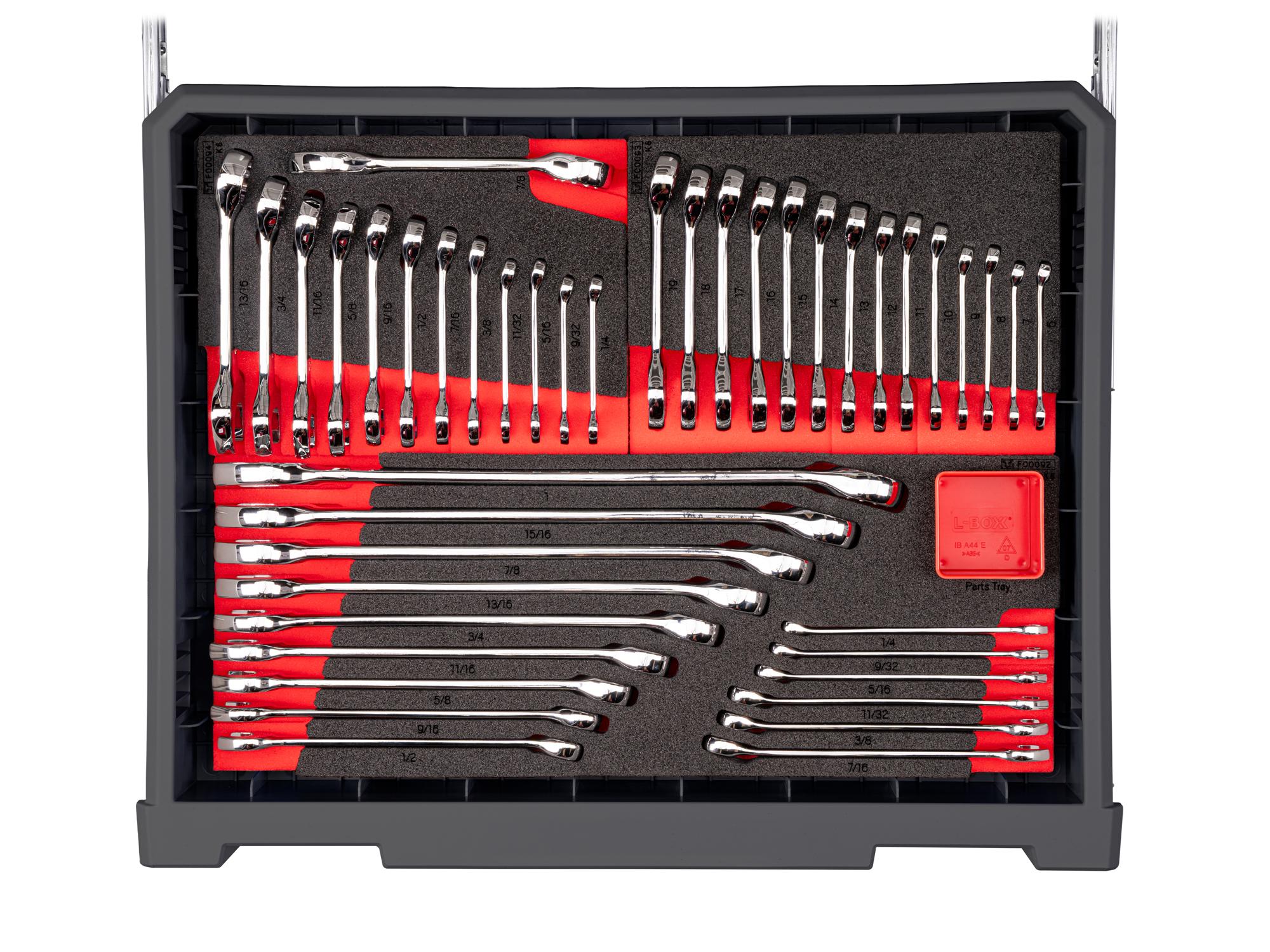 Top view of slate gray Tekton tool set with RIG 10-drawer tool cart. RIG99210
