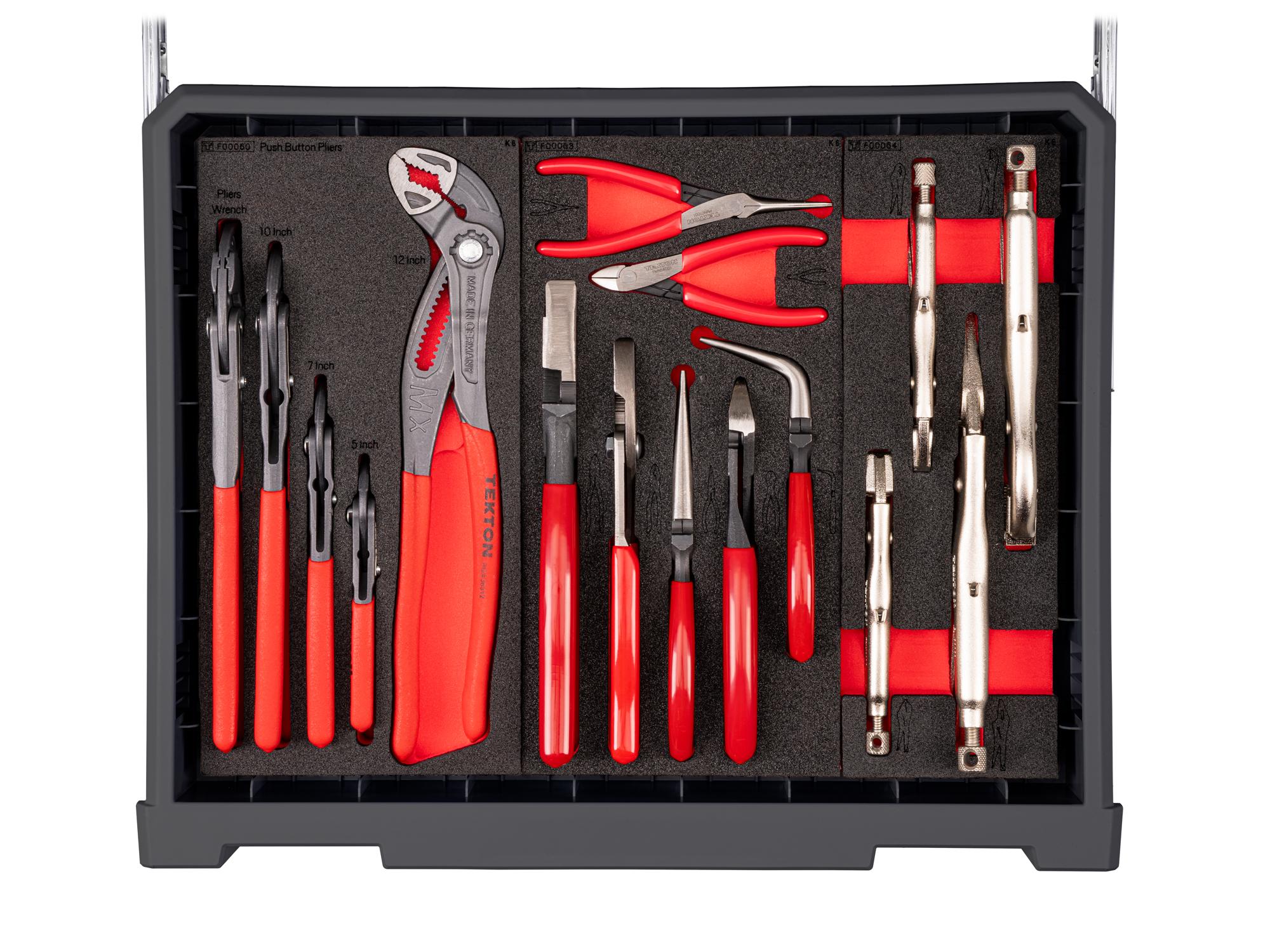 Closeup of slate gray Tekton tool set with RIG 10-drawer tool cart. RIG99210