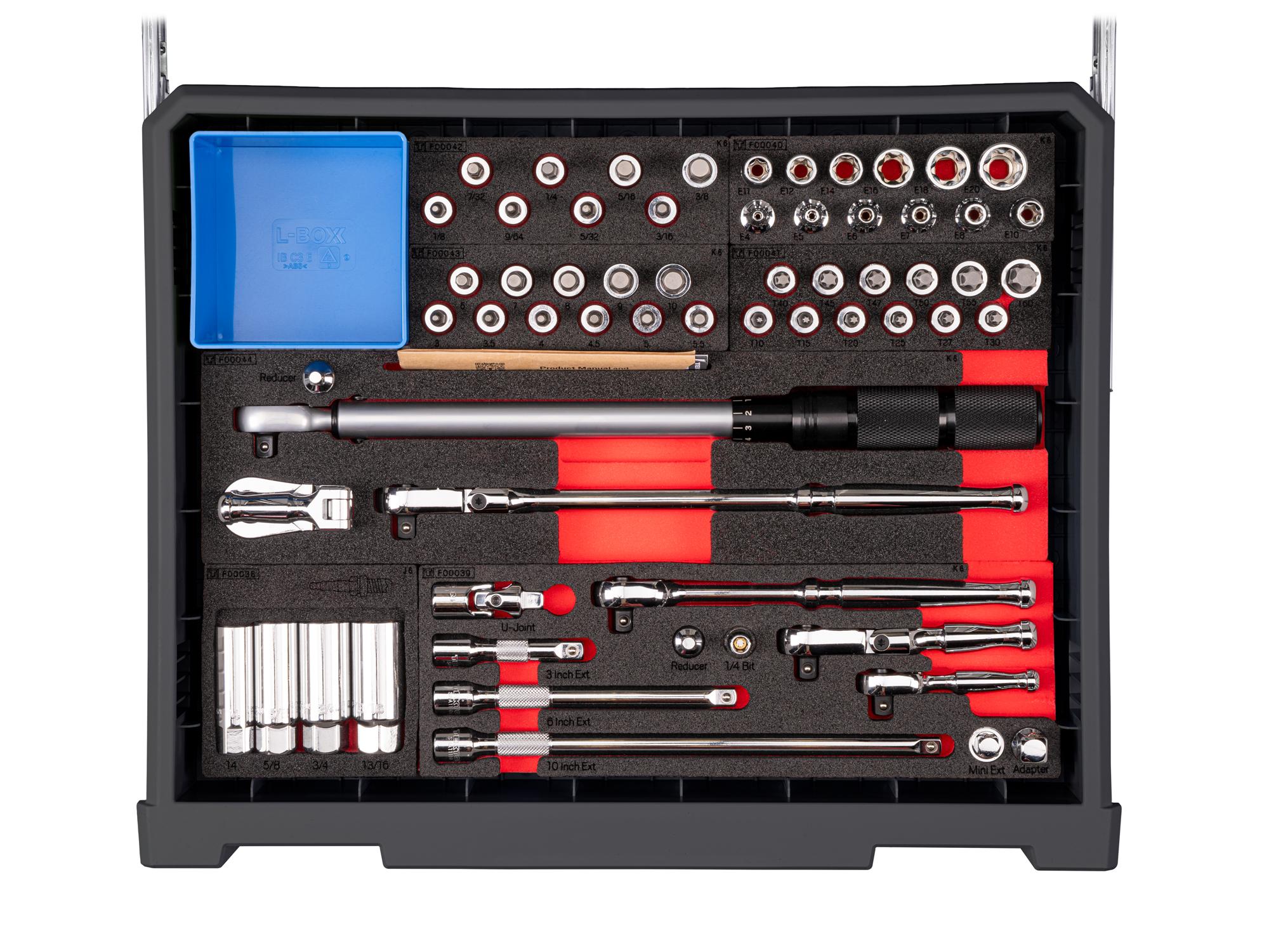 Contents of slate-gray Tekton tool set with RIG 10-drawer tool cart. RIG99210