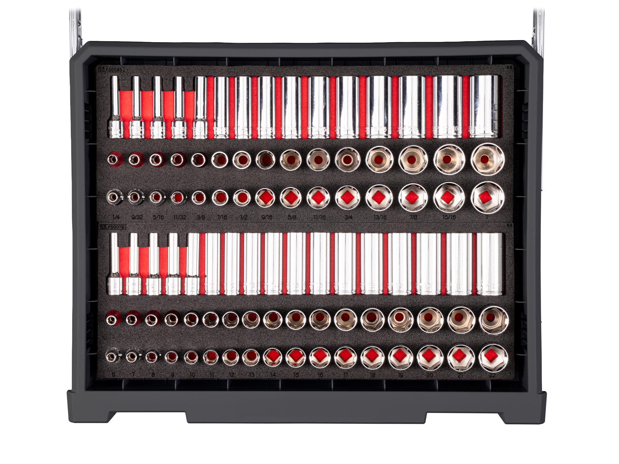 Contents of slate-gray Tekton tool set with RIG 10-drawer tool cart. RIG99210