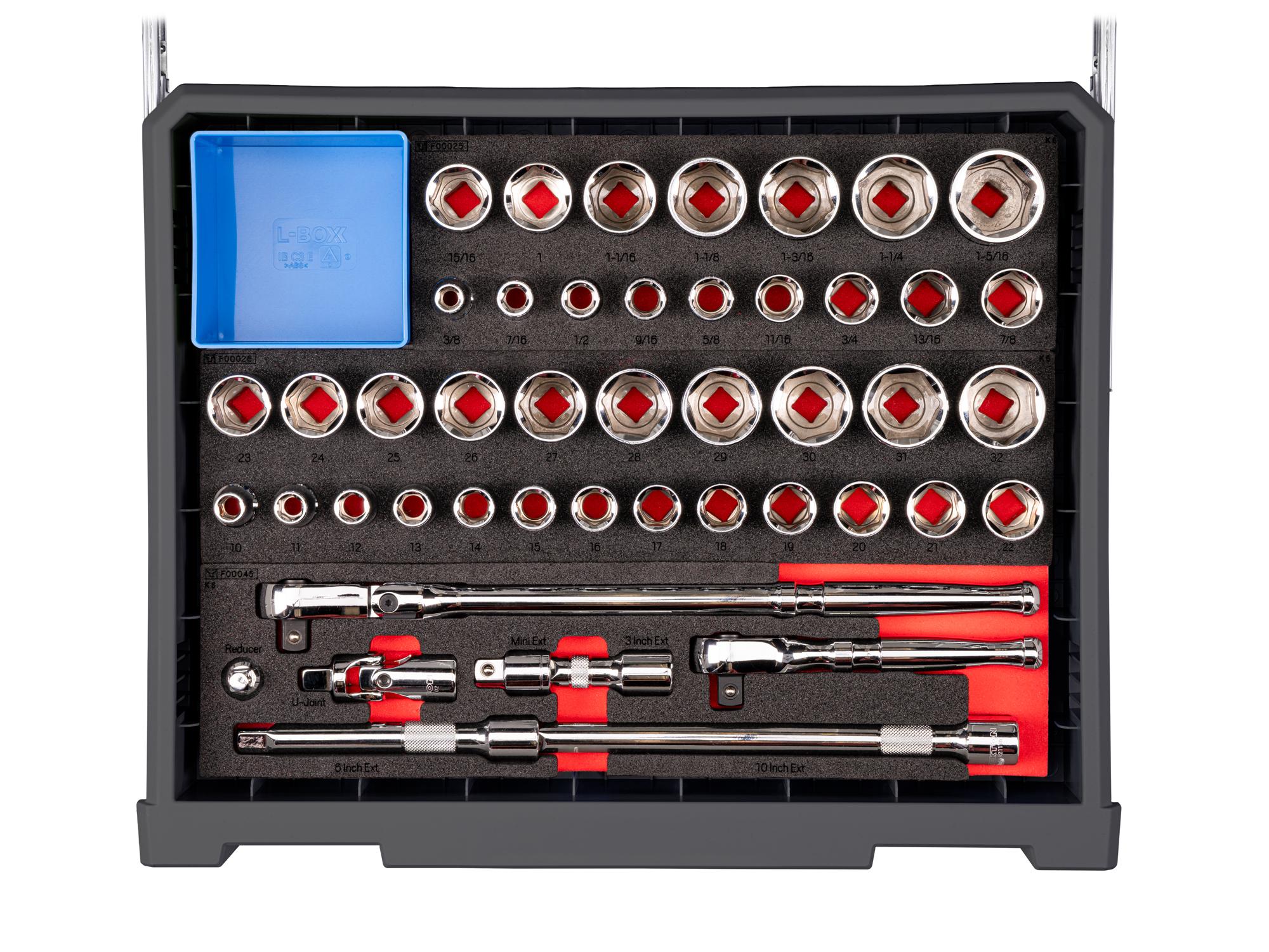 Contents of slate gray Tekton tool set with RIG 10-drawer tool cart. RIG99210