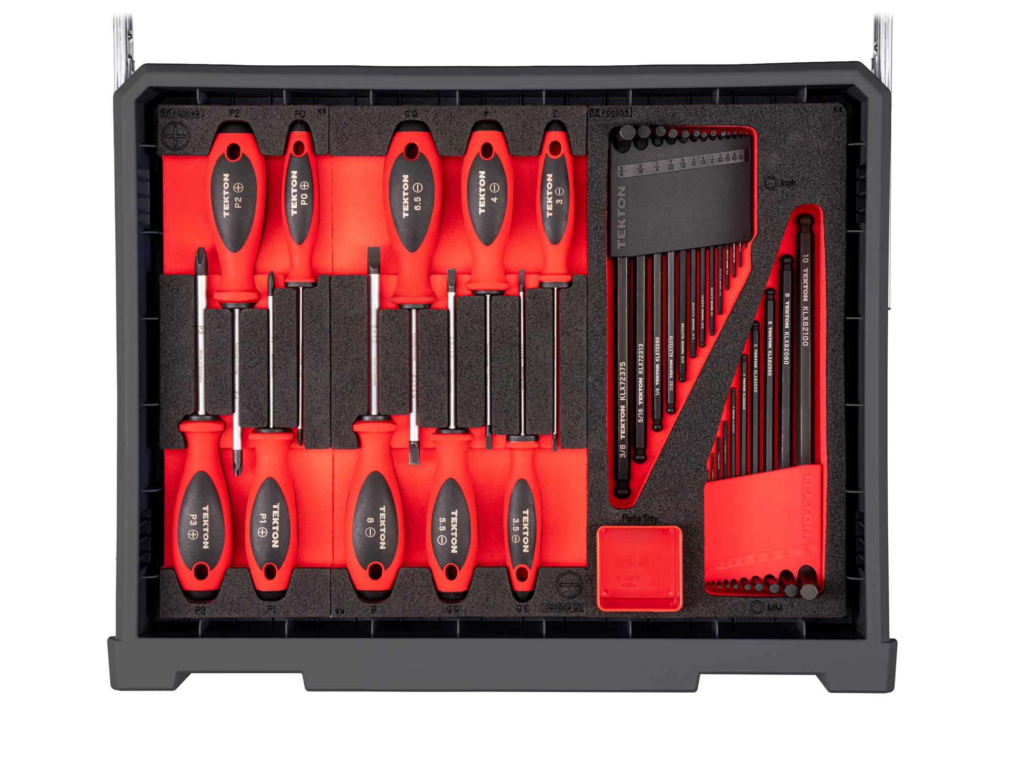 Contents of slate gray Tekton tool set with RIG 10-drawer tool cart. RIG99210
