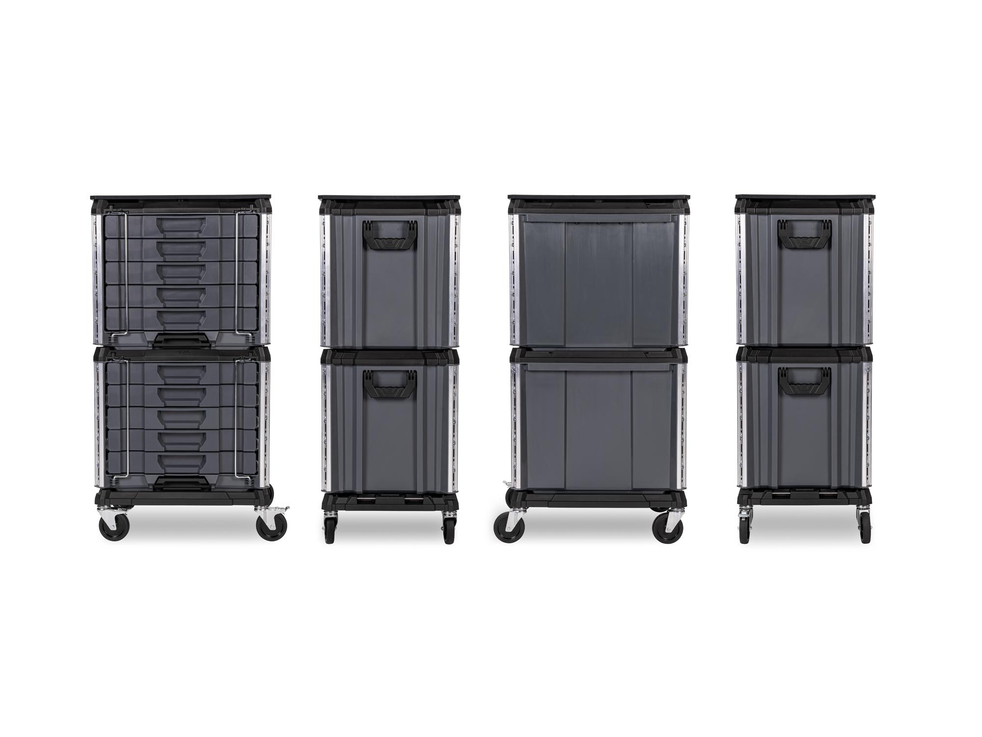 slate-gray Tekton tool set with RIG 10-drawer tool cart shown from multiple side profiles. RIG99210