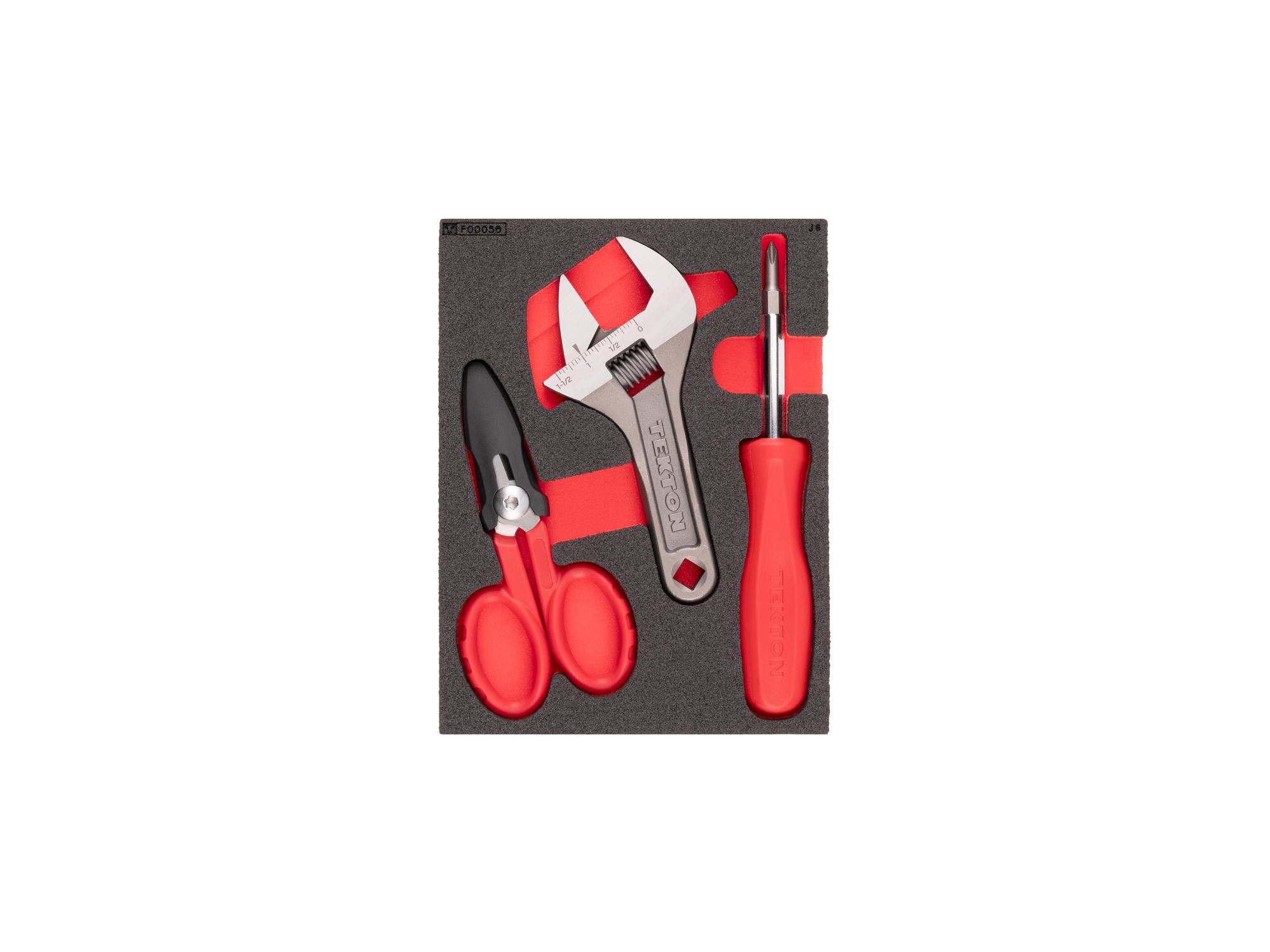 Top view of Tekton 6-in-1 driver, scissors, and adjustable wrench set with 8 x 6 inch foam organizer. TEK99006