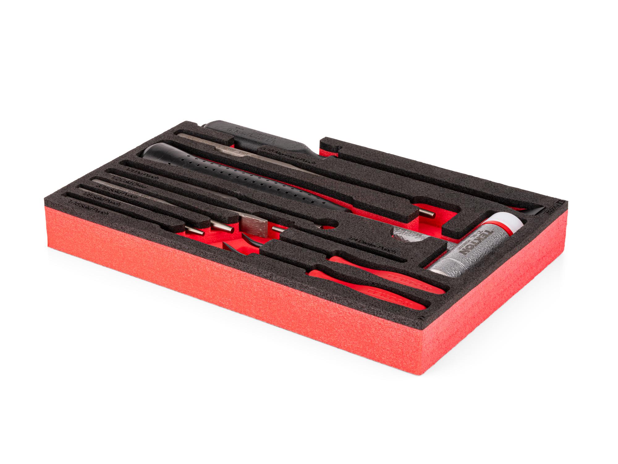 Angled view of red Tekton hammers, pry bars, punches, and chisels set with foam organizer. TEK99007