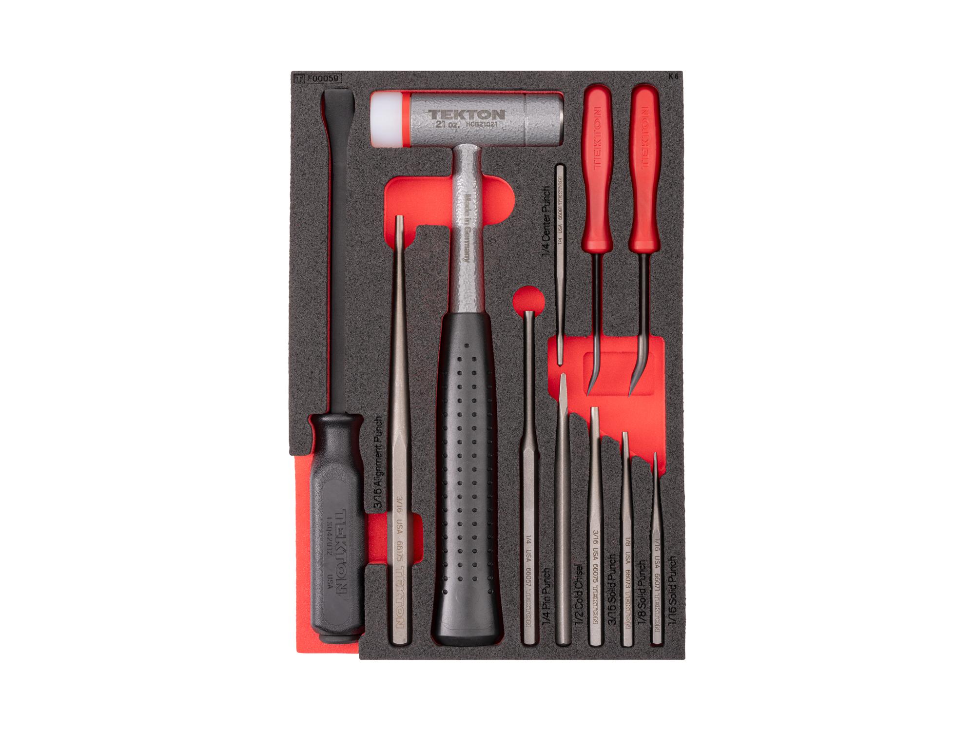 Top view of Tekton hammers, pry bars, punches, and chisels set with 12 x 8 inch foam organizer. TEK99007