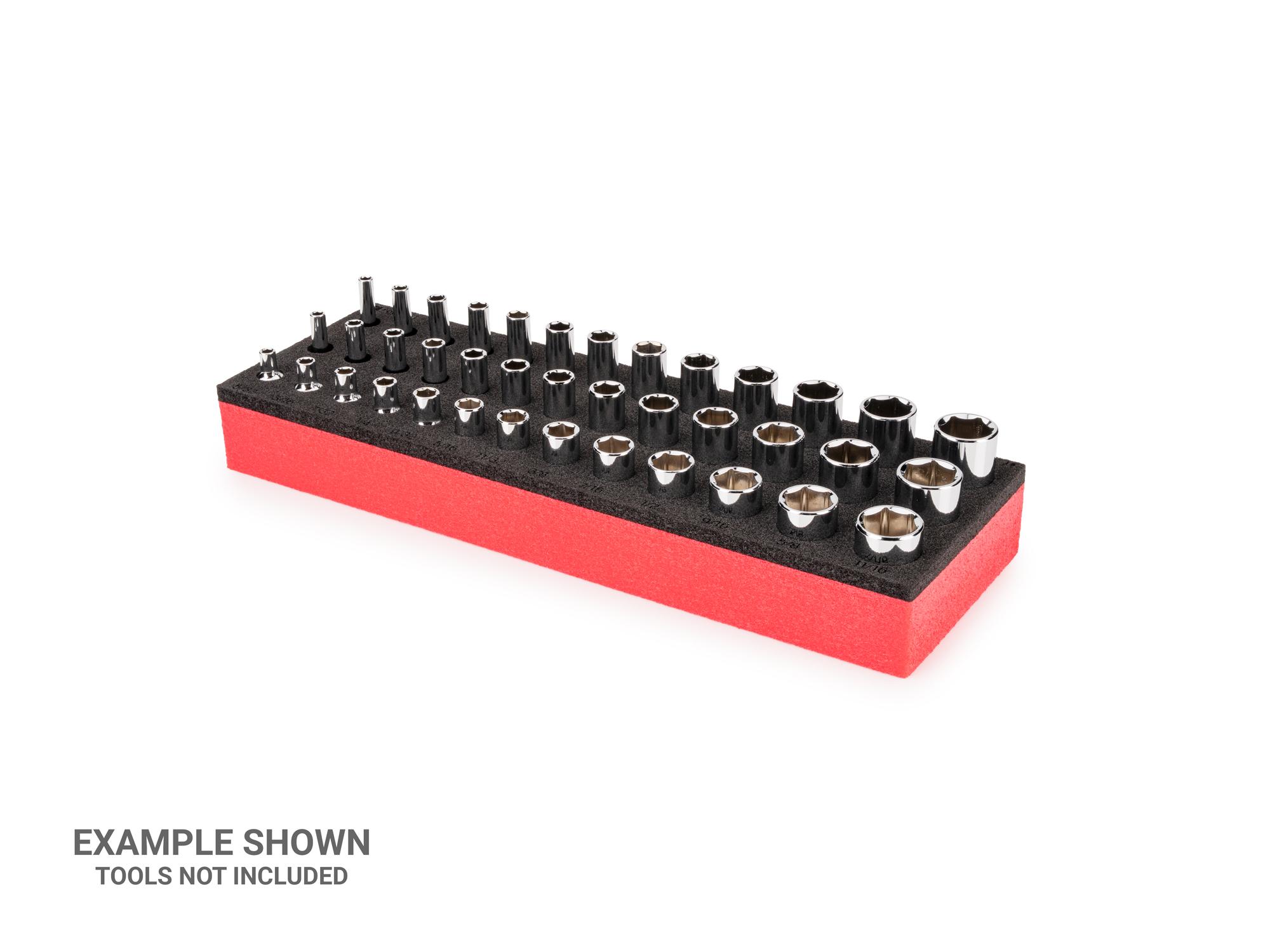 Front-right angle view of red Tekton foam stacking organization system. Item #F00069KR