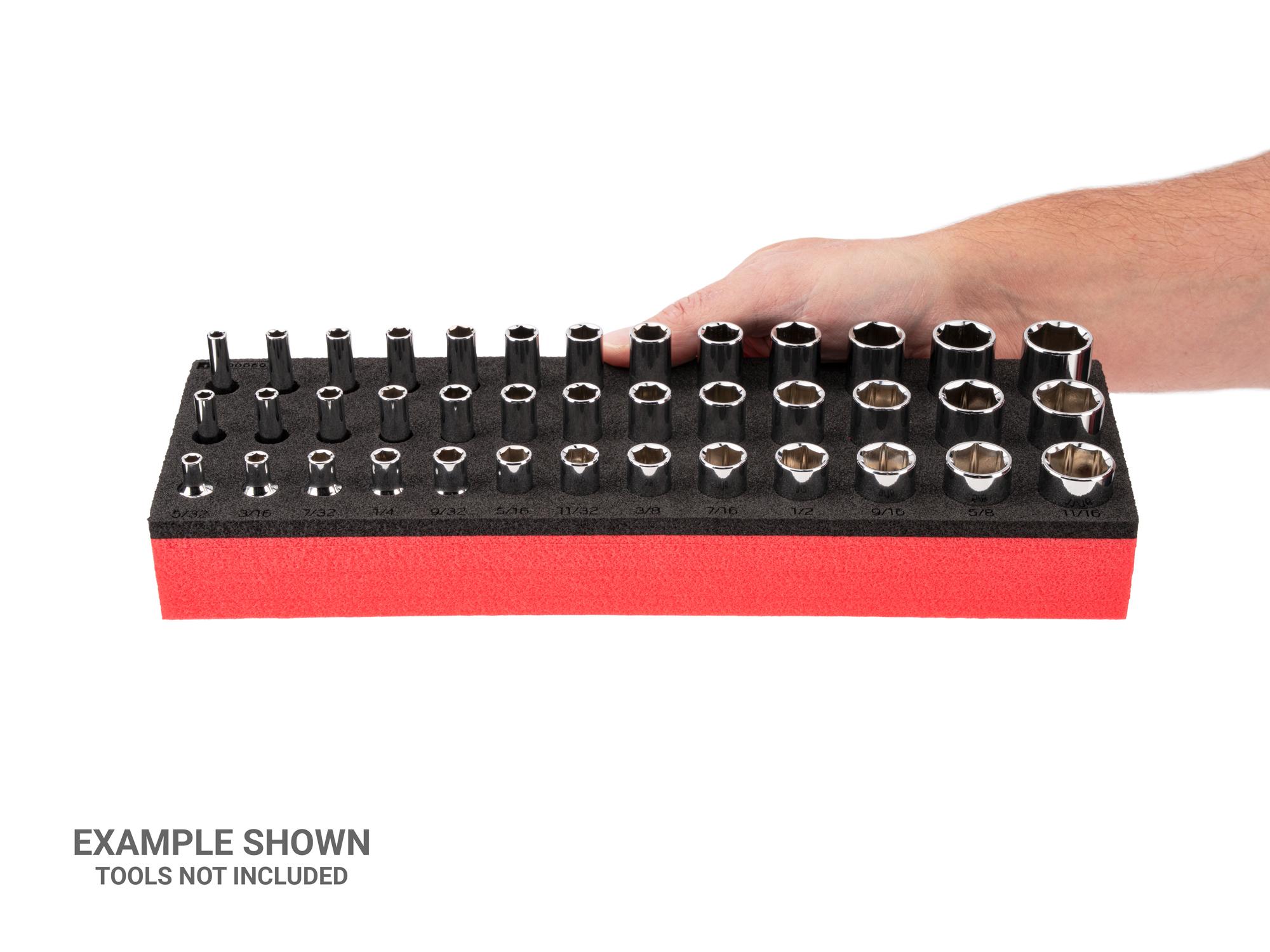 Person holding red Tekton foam stacking organization system. Item #F00069KR