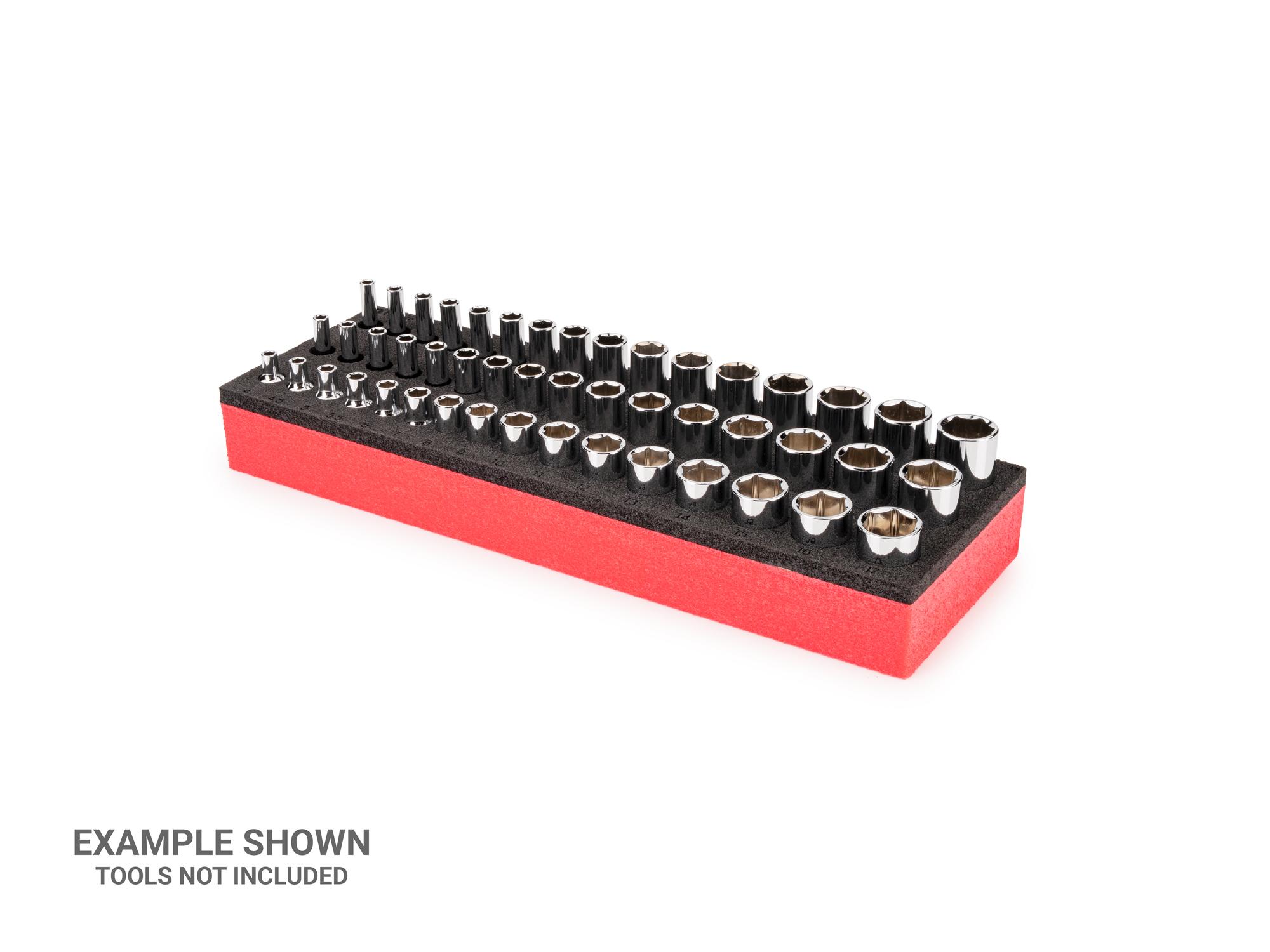 Front-right angle view of red Tekton foam stacking organization system. Item #F00070KR