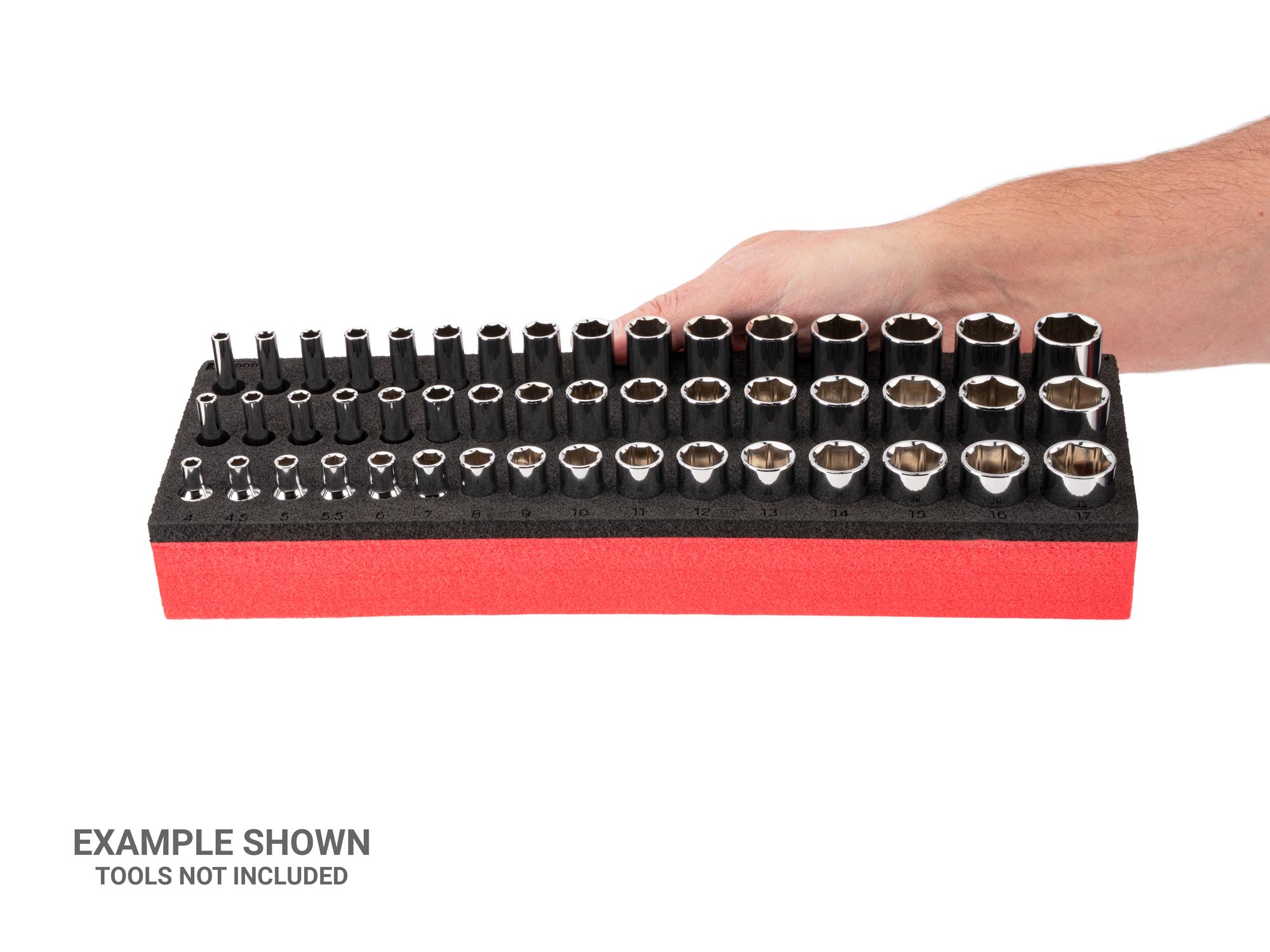 Person holding red Tekton foam stacking organization system. Item #F00070KR