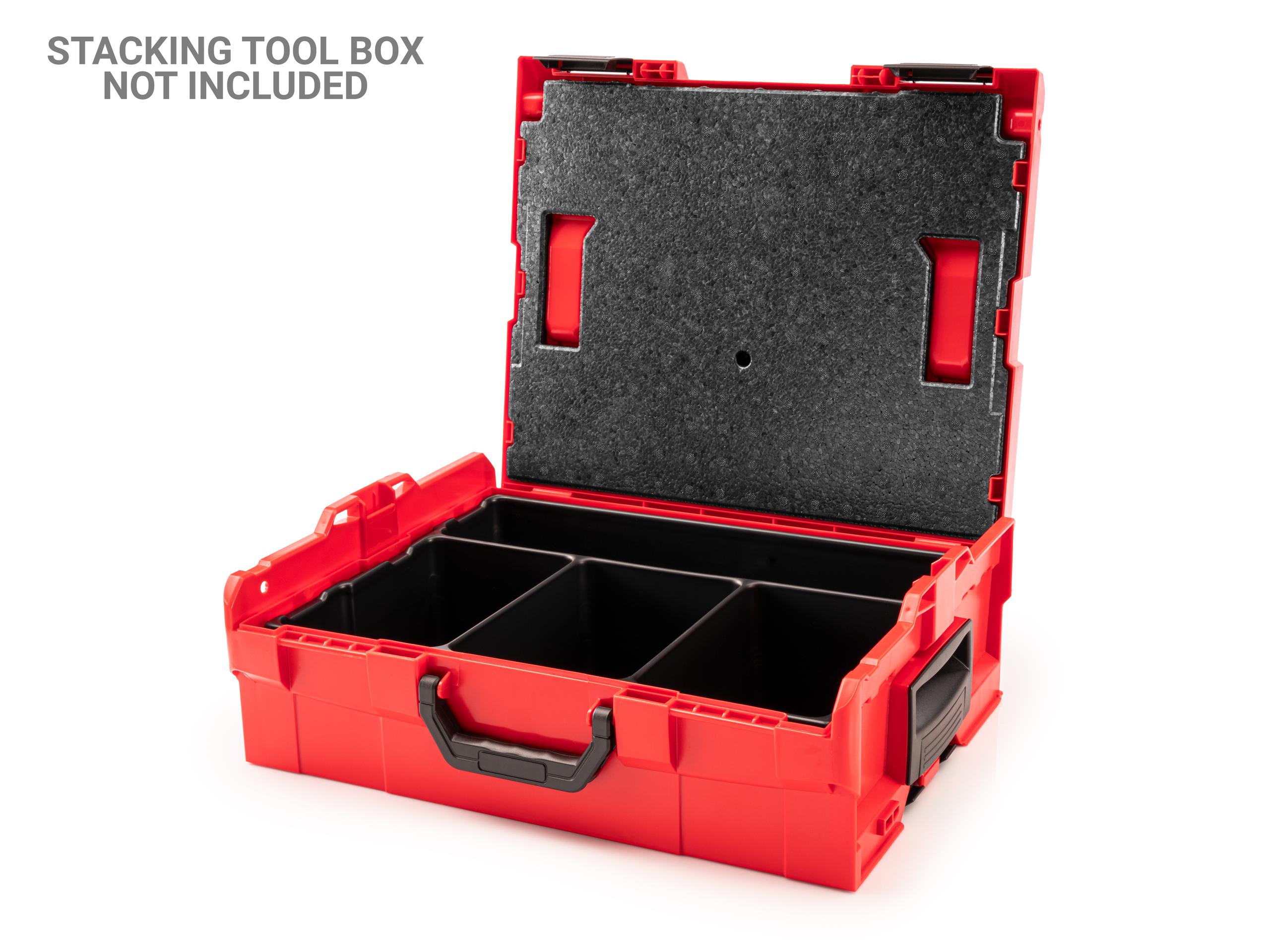 Front angled view of Tekton stacking in stacking tool box. Stacking tool box not included. Item #OLB81200