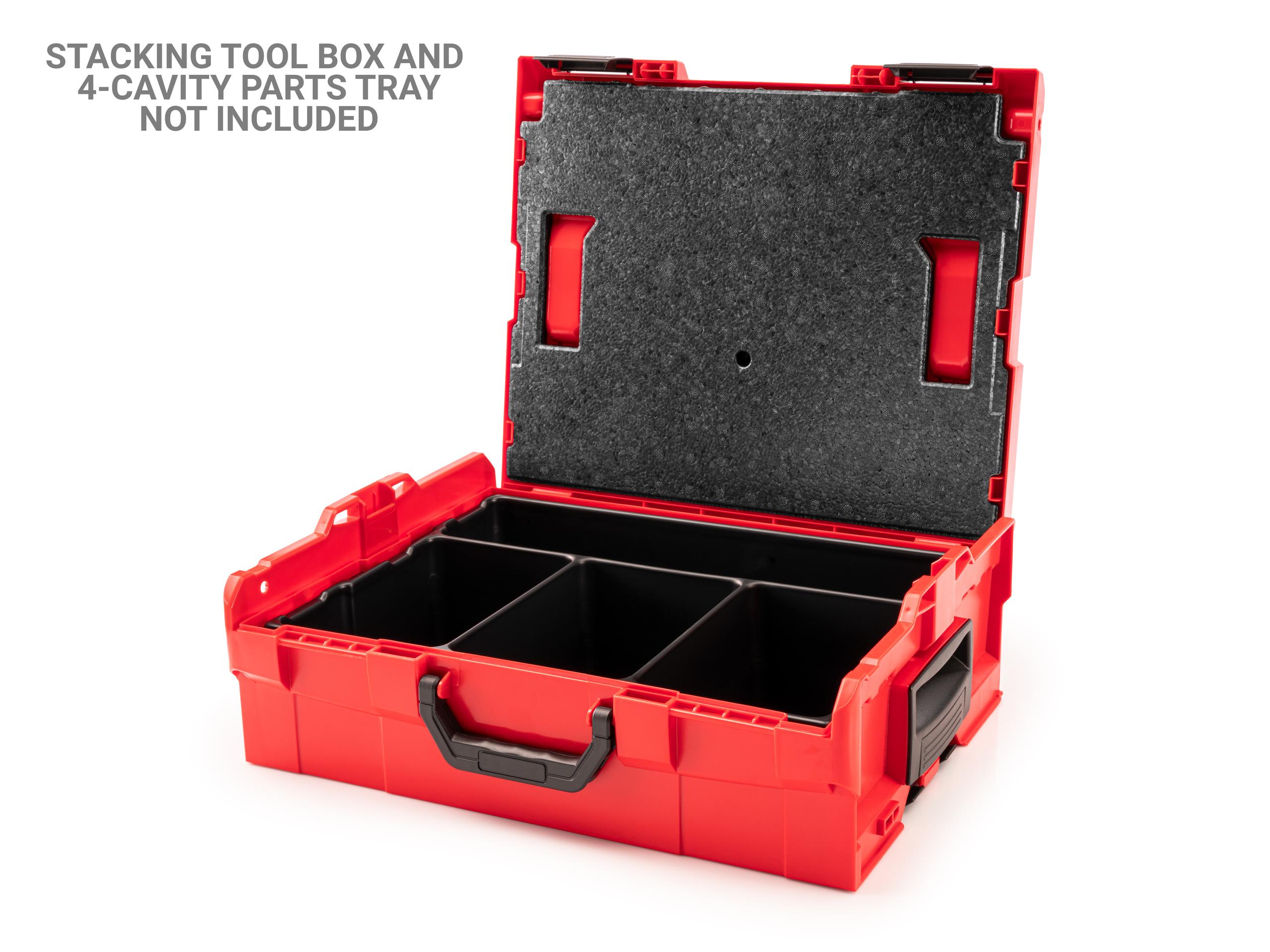 Front angled view of Tekton stacking in stacking tool box. Stacking tool box not included. Item #OLB81201