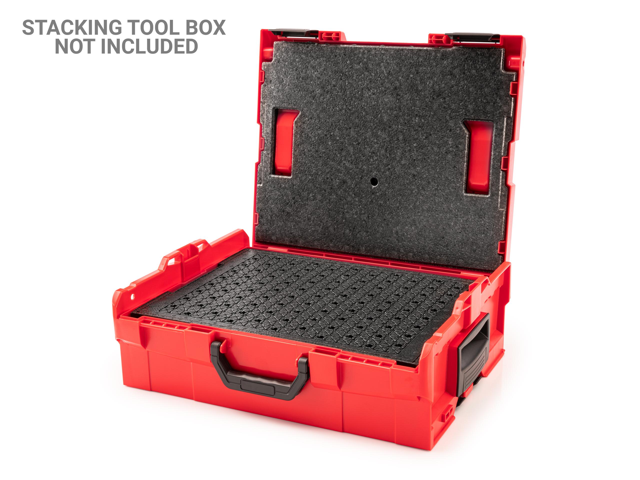 Front angled view of Tekton stacking in stacking tool box. Stacking tool box not included. Item #OLB81202