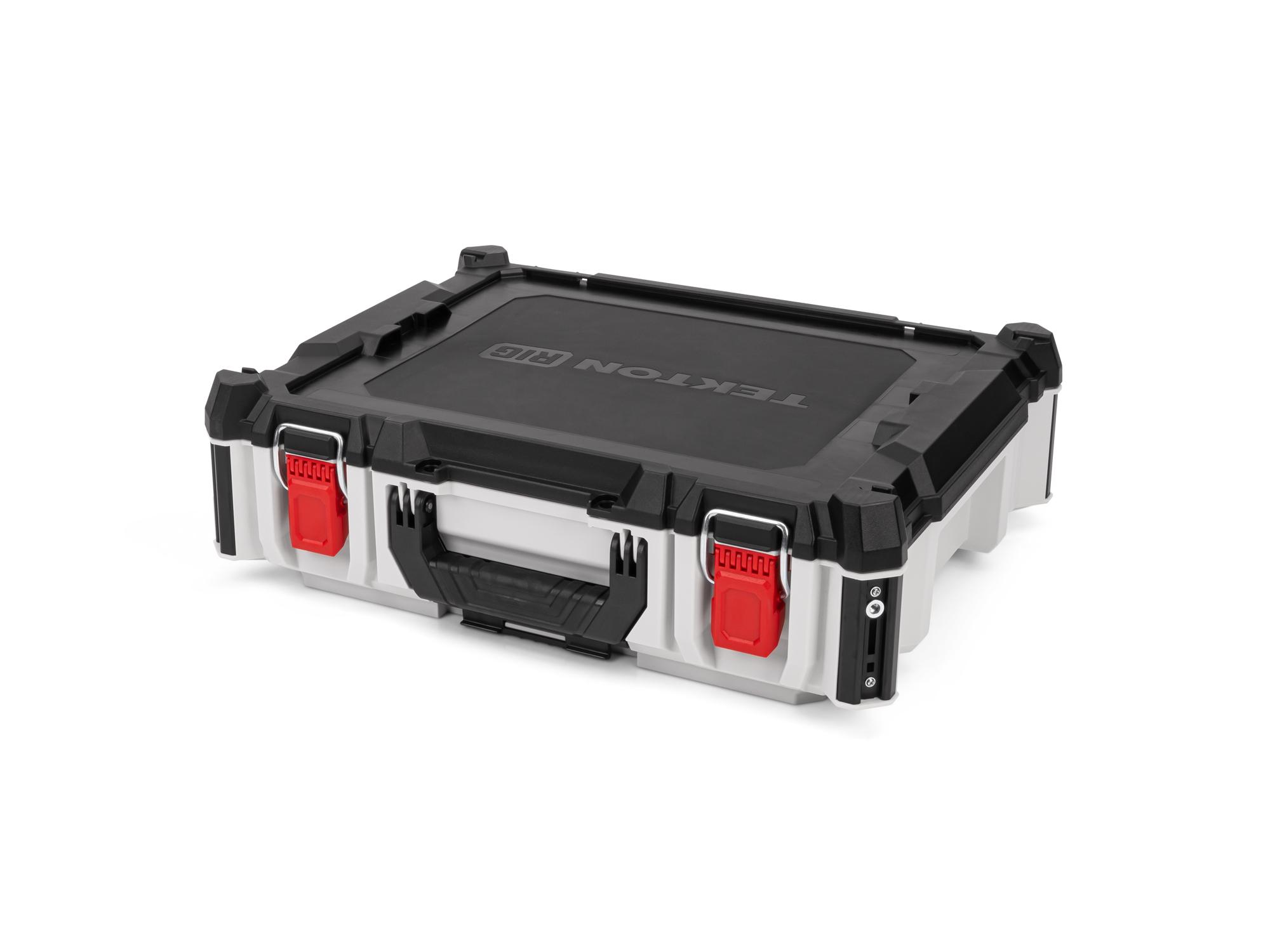 Angled view of lunar white Tekton RIG Stacking Tool Box. OLC11110