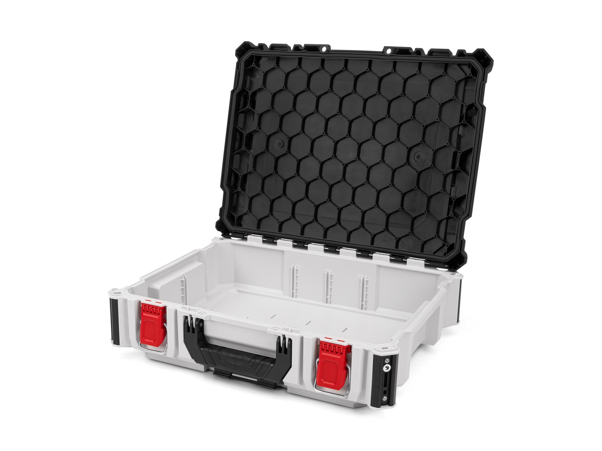 Angled view of lunar white Tekton RIG stacking tool box. OLC11110
