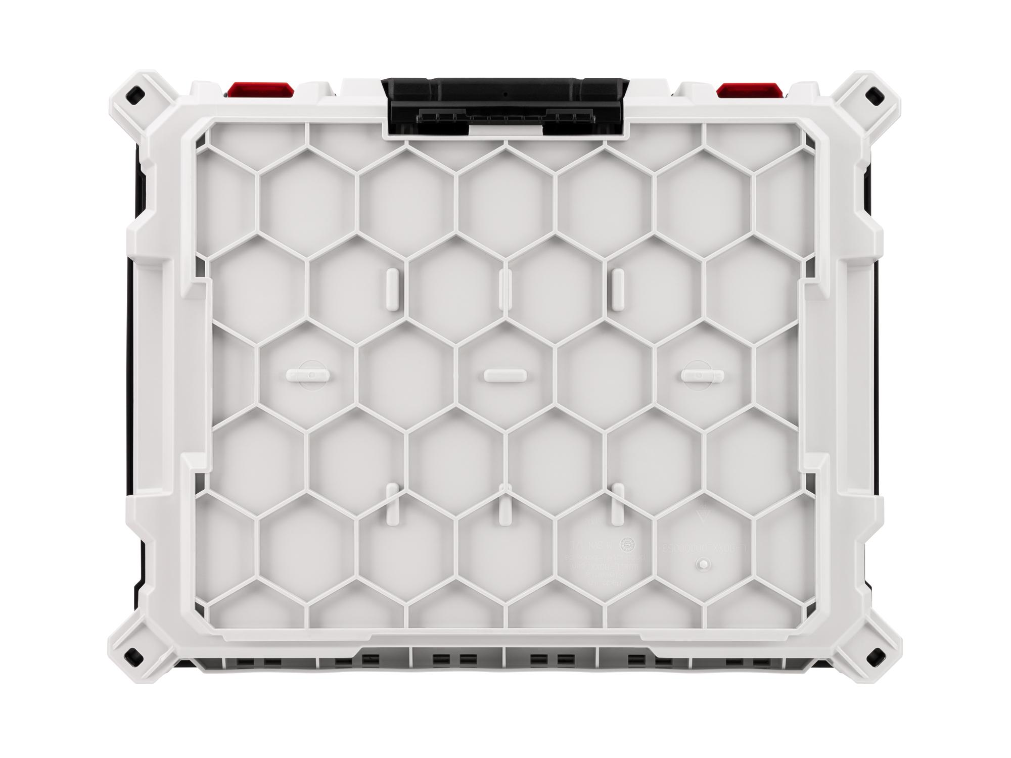 Bottom view of lunar white Tekton RIG stacking tool box. OLC11110