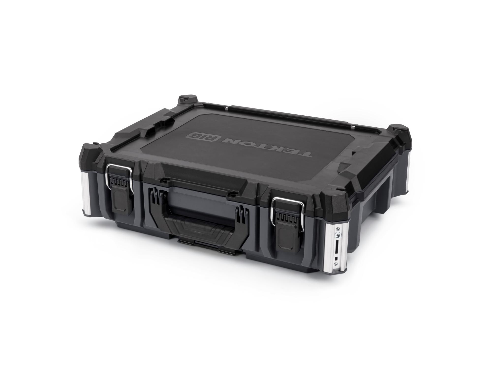 Angled view of slate gray Tekton RIG Tool Box. OLC11120