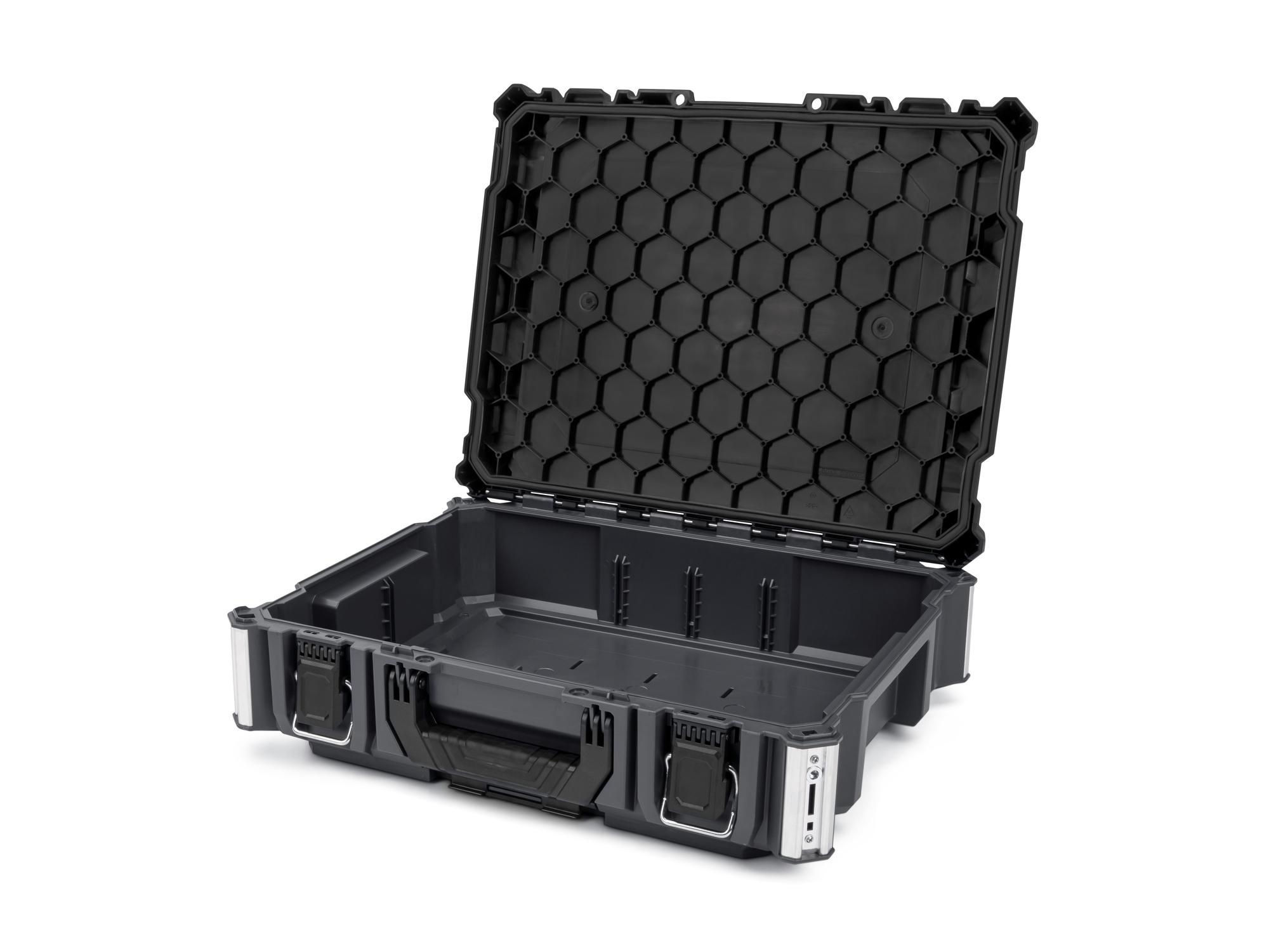 Angled view of slate gray Tekton RIG Tool Box. OLC11120