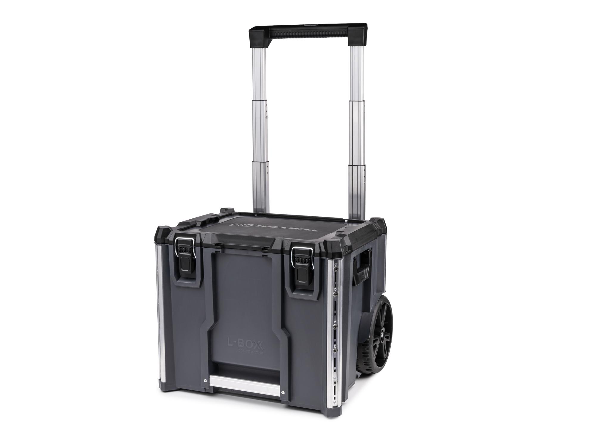 Angled view of slate gray Tekton RIG Rolling Tool Box. OLC30120