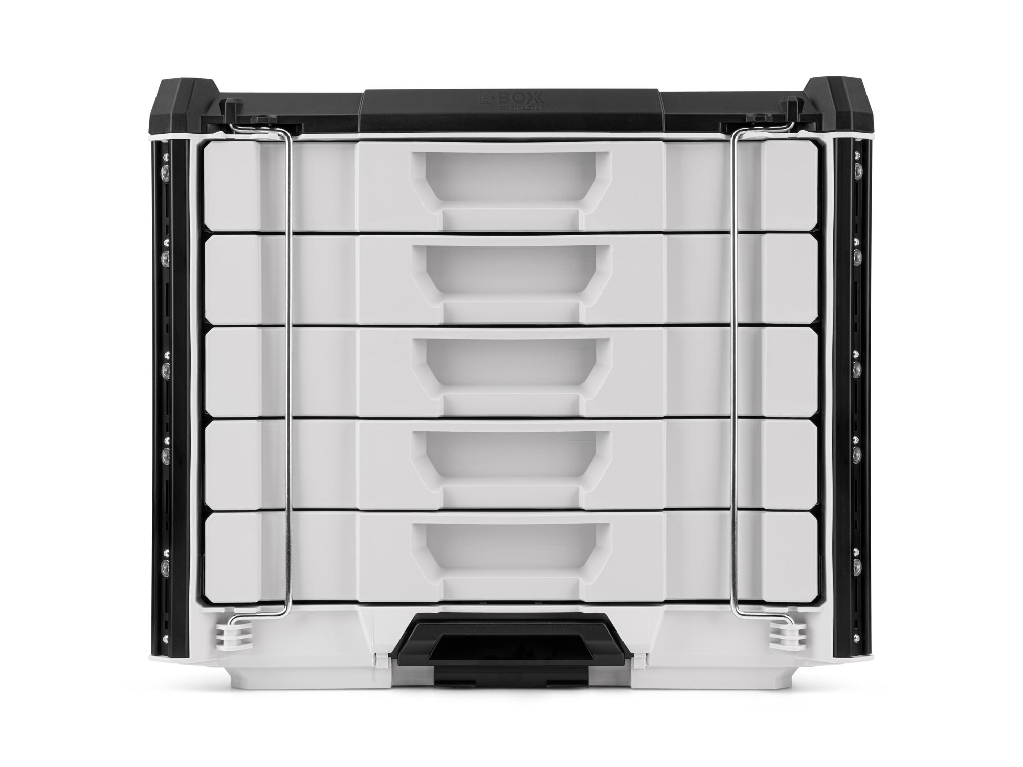 Front view of lunar white Tekton RIG 5-Drawer Stacking Unit. OLC52510