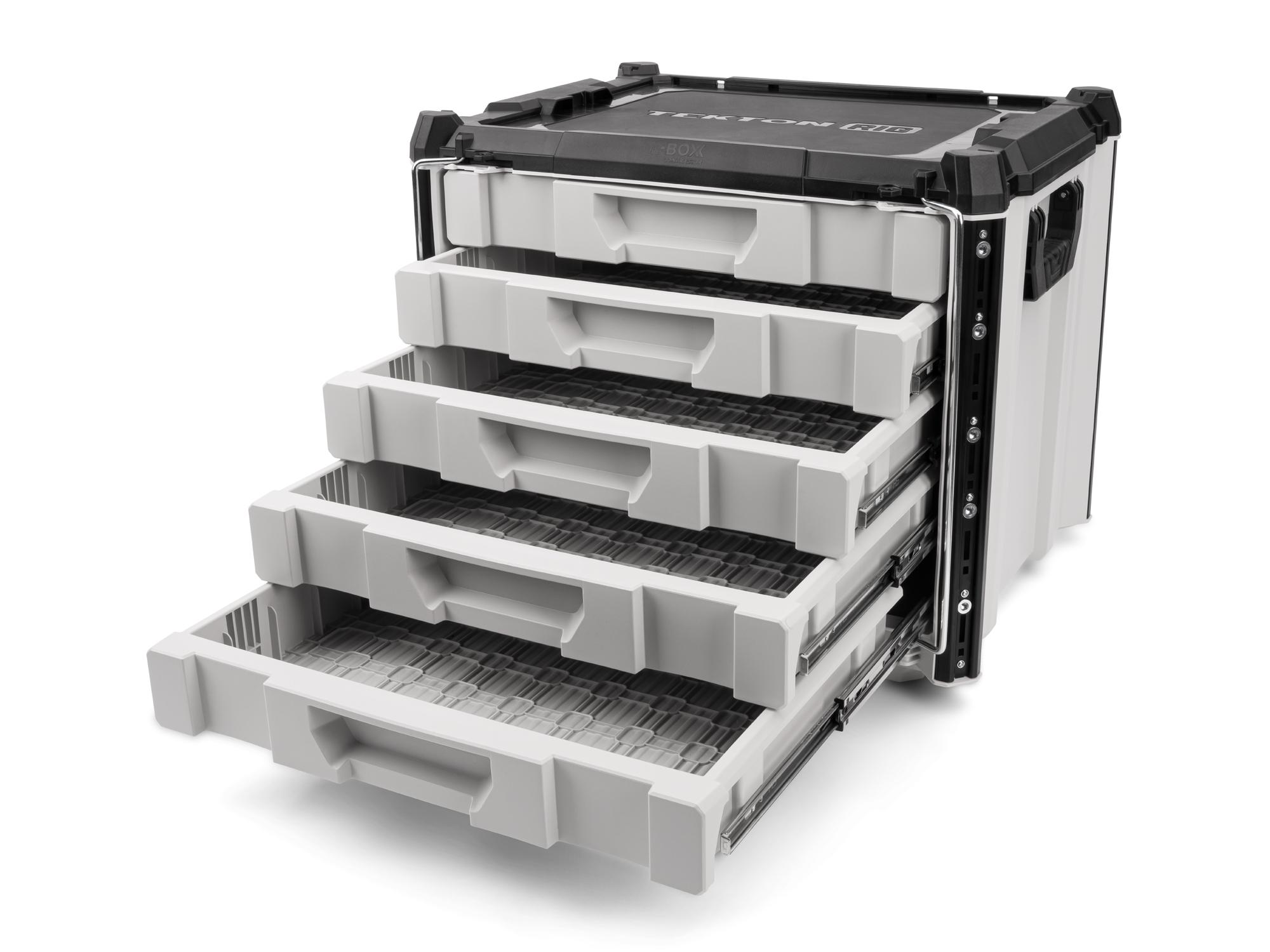 Angled view of lunar white Tekton RIG 5-Drawer Unit. OLC52510
