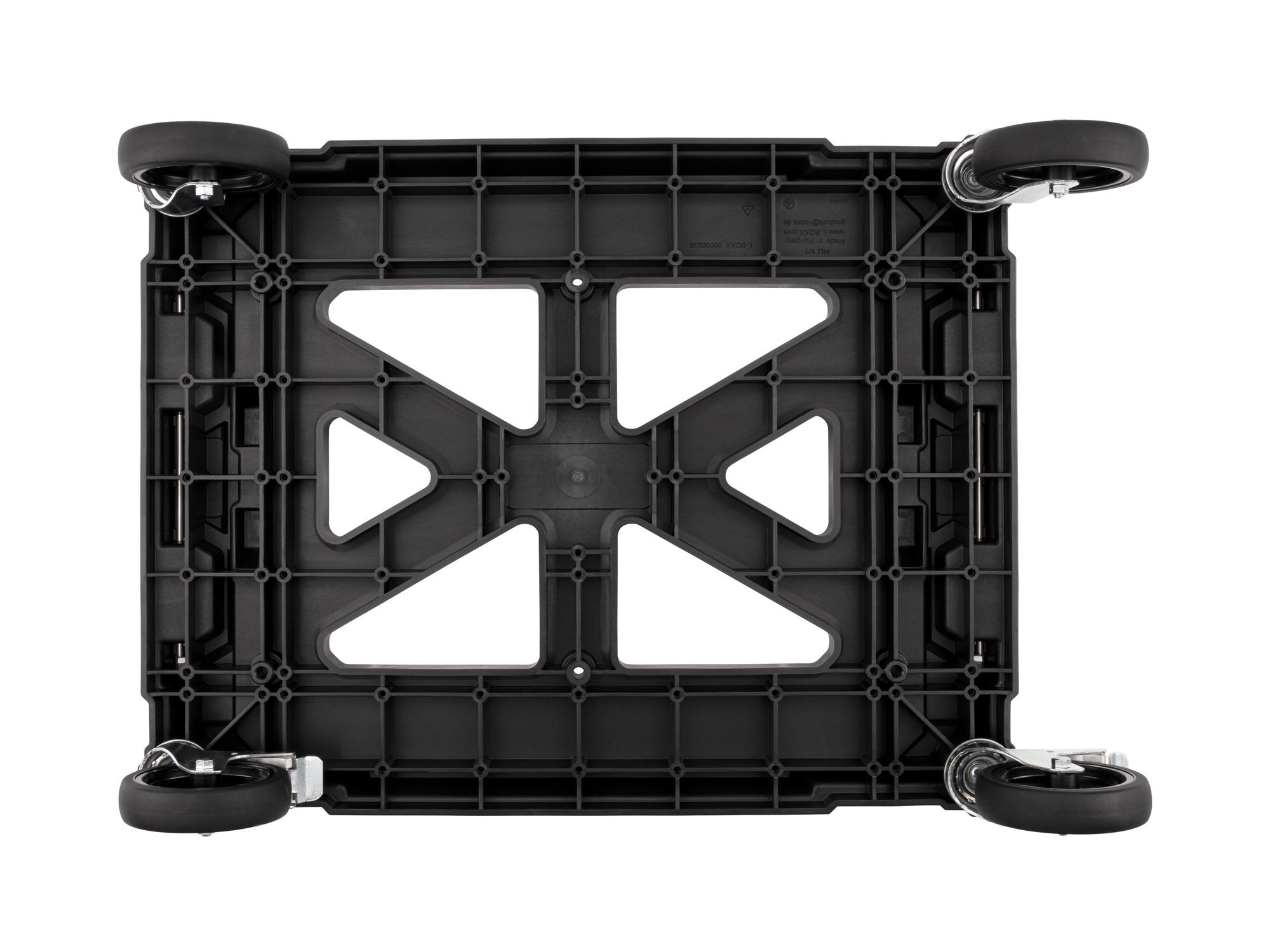 Bottom view of black Tekton 4 wheel dolly for RIG and L-BOXX. OLC81001