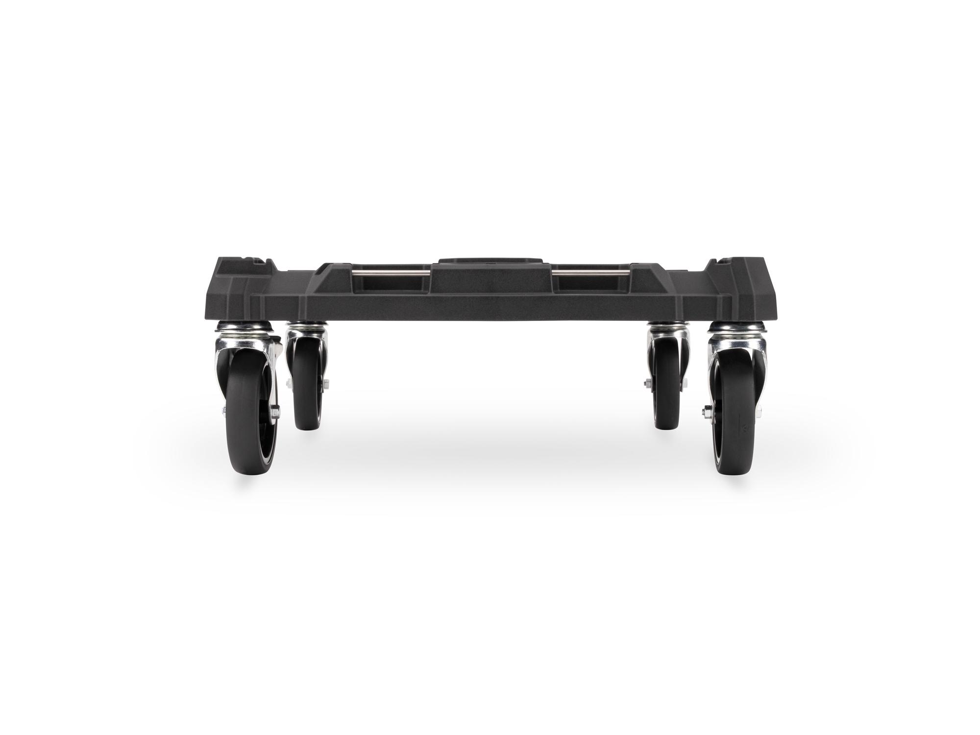 black Tekton 4 Wheel Dolly for RIG and L-BOXX shown from multiple side profiles. OLC81001