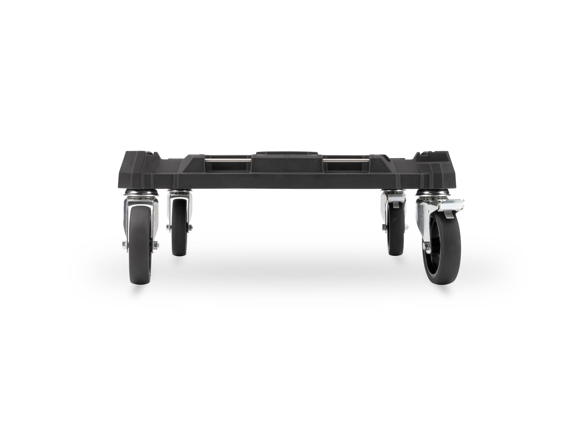 black Tekton 4 Wheel Dolly for RIG and L-BOXX shown from multiple side profiles. OLC81001