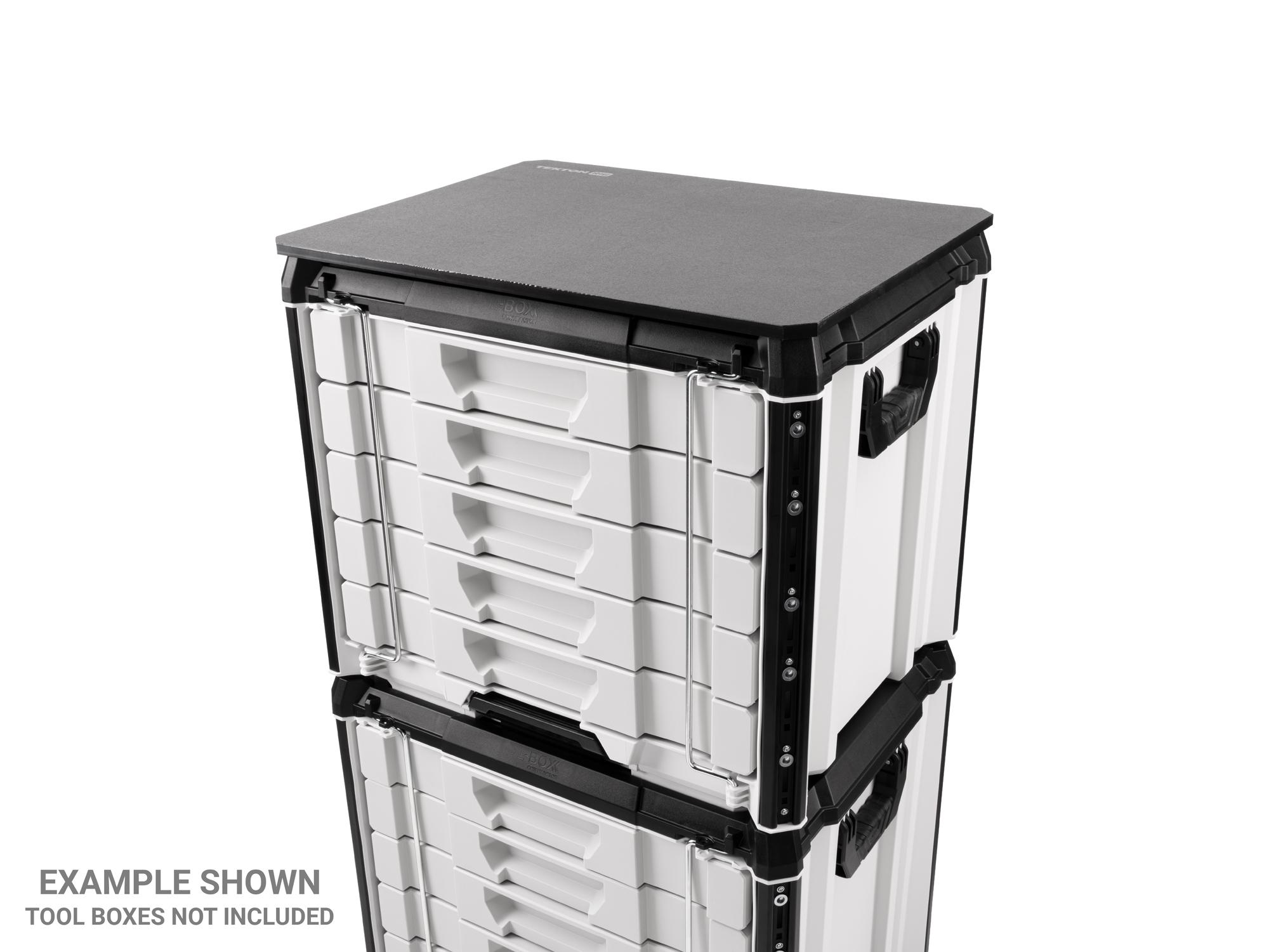 Angled view of black Tekton Work Top for RIG Stacking System. Example image; tool boxes not included. OLC82000