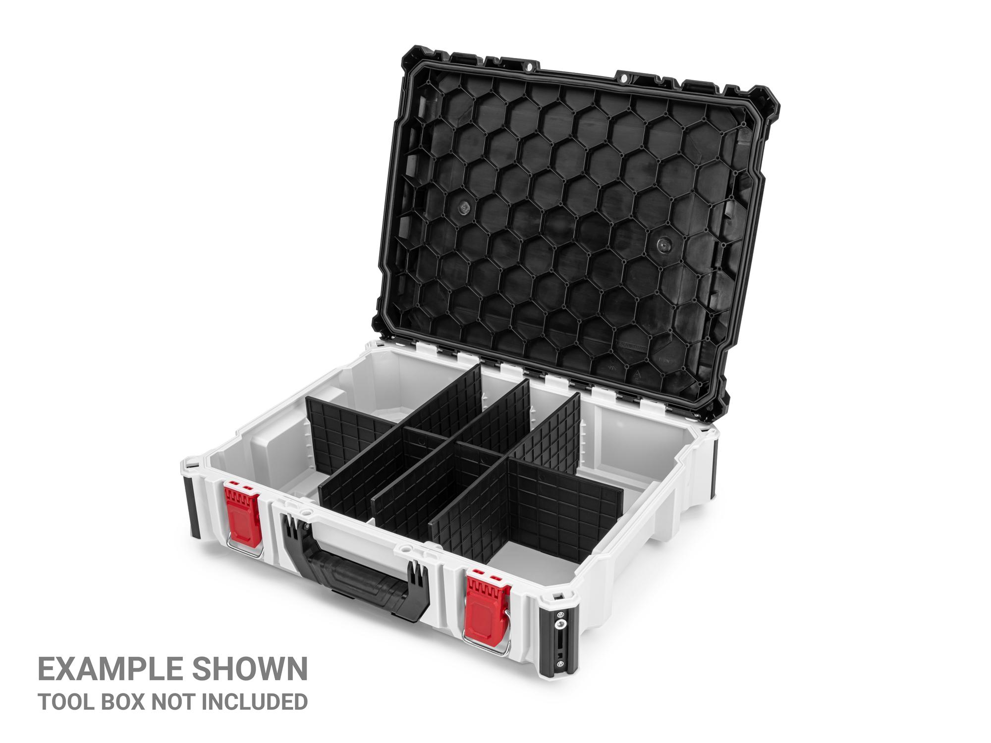Angled view of black and white Tekton L-BOXX Contractor Tool Box Divider Set. Example image; tool box not included. OLC98400