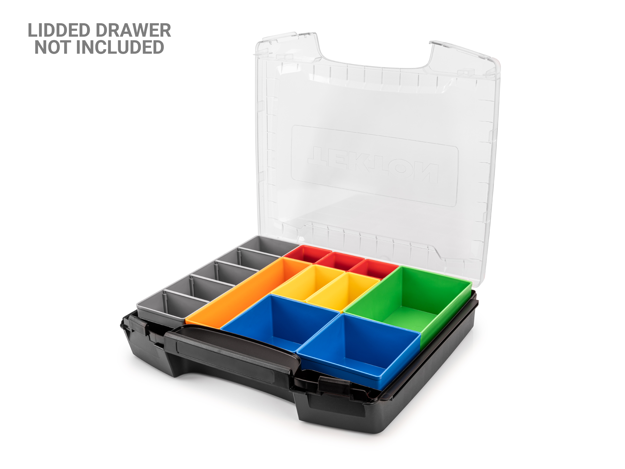 Set includes 10 L-BOXX® compatible organizer bins: 3 red bins, 2 yellow bins, 2 blue bins, 1 green bin, 1 orange bin, and 1 gray bin. OLM95010.