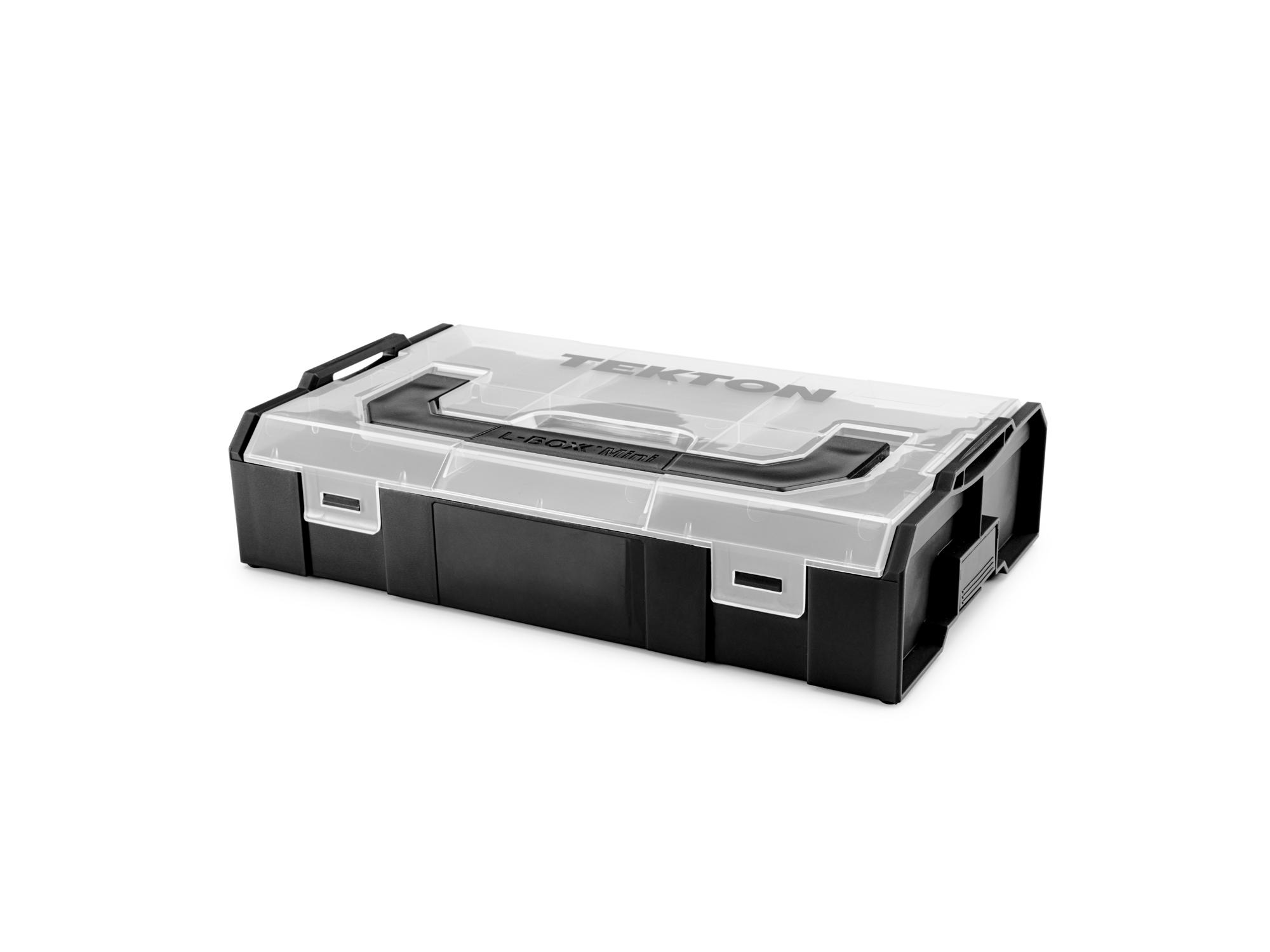 Front-right angle view of black Tekton stacking organization system. Item #OLM21011