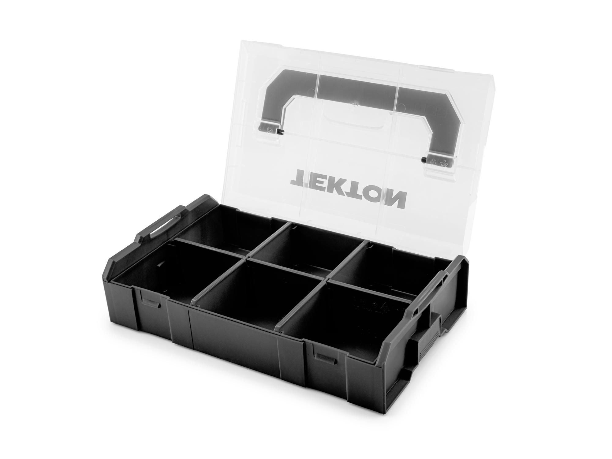 Laid out contents of black Tekton stacking organization system. Item #OLM21011