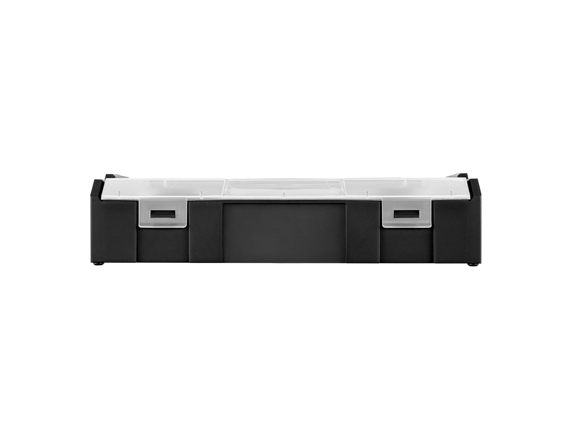 Front view of black Tekton stacking organization system. Item #OLM21011