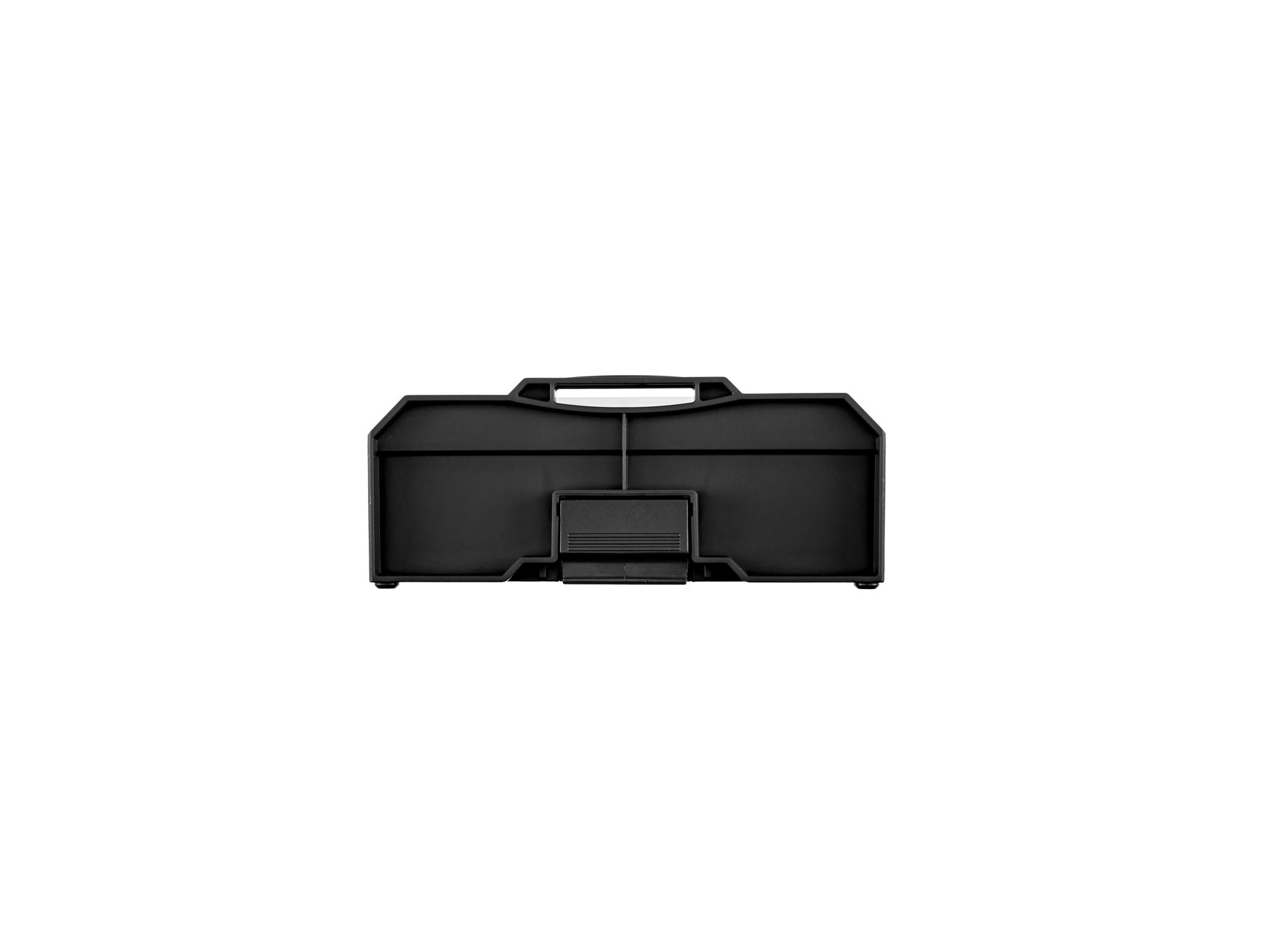 Side view of black Tekton stacking organization system. Item #OLM21011