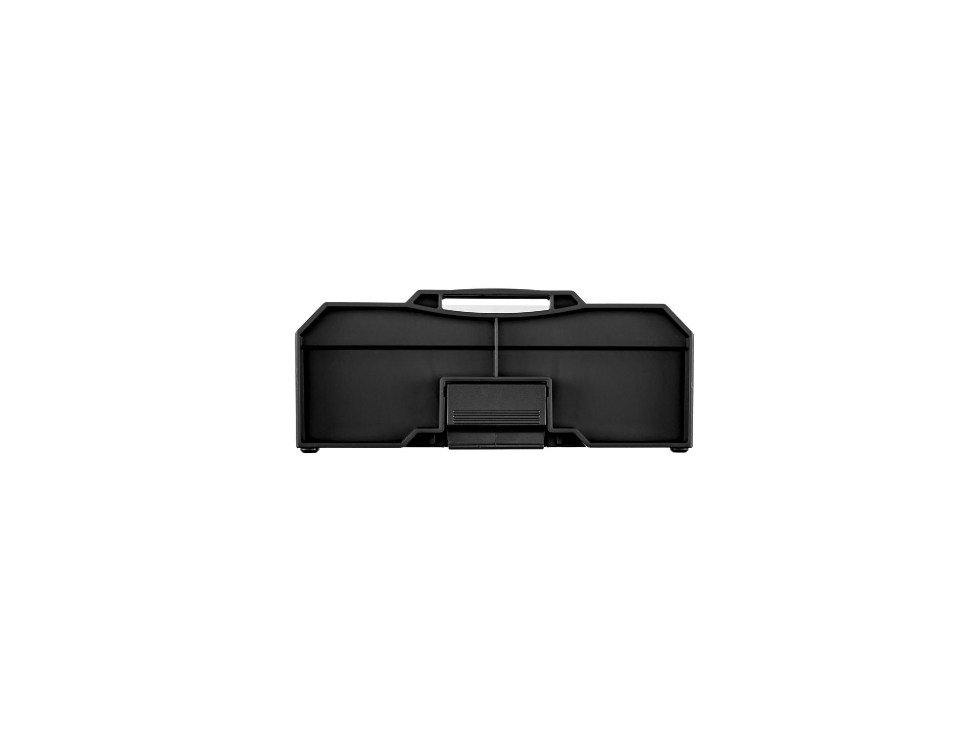 Second side view of black Tekton stacking organization system. Item #OLM21011