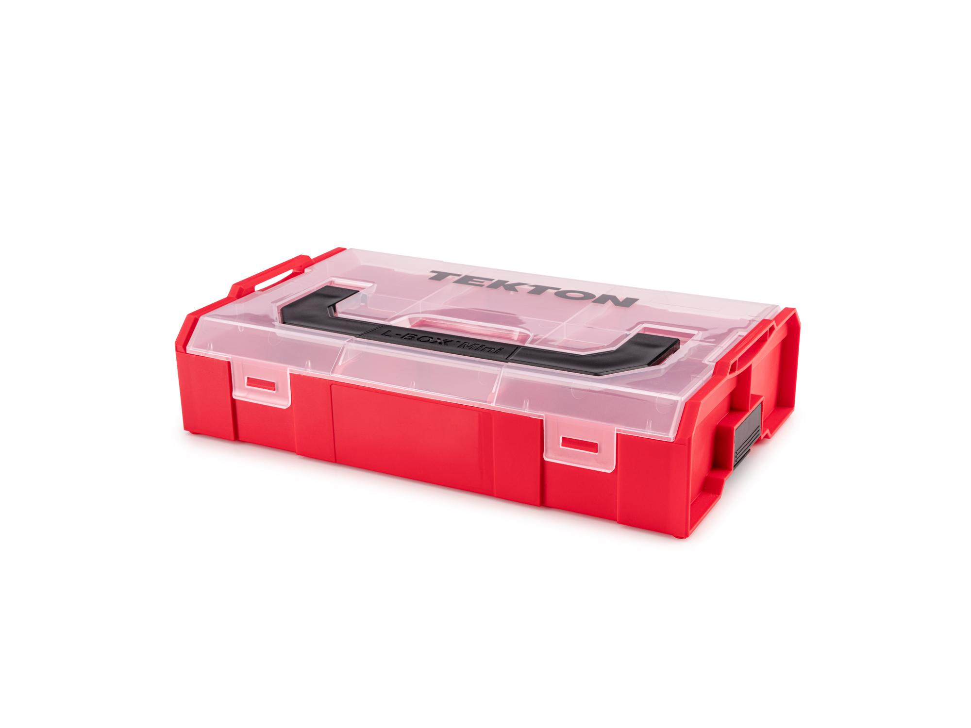 Front-right angle view of red Tekton stacking organization system. Item #OLM21210