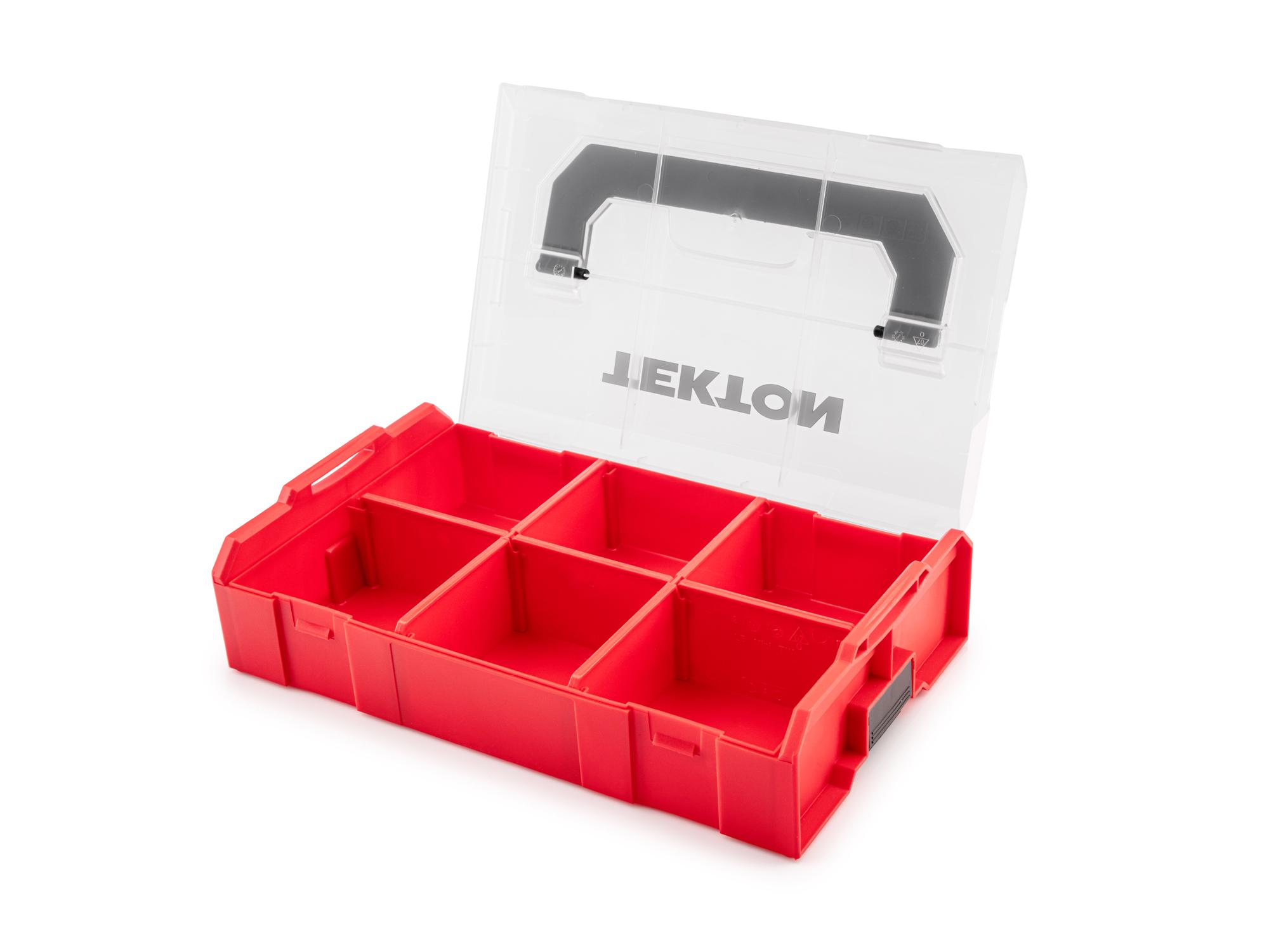 Laid out contents of red Tekton stacking organization system. Item #OLM21210